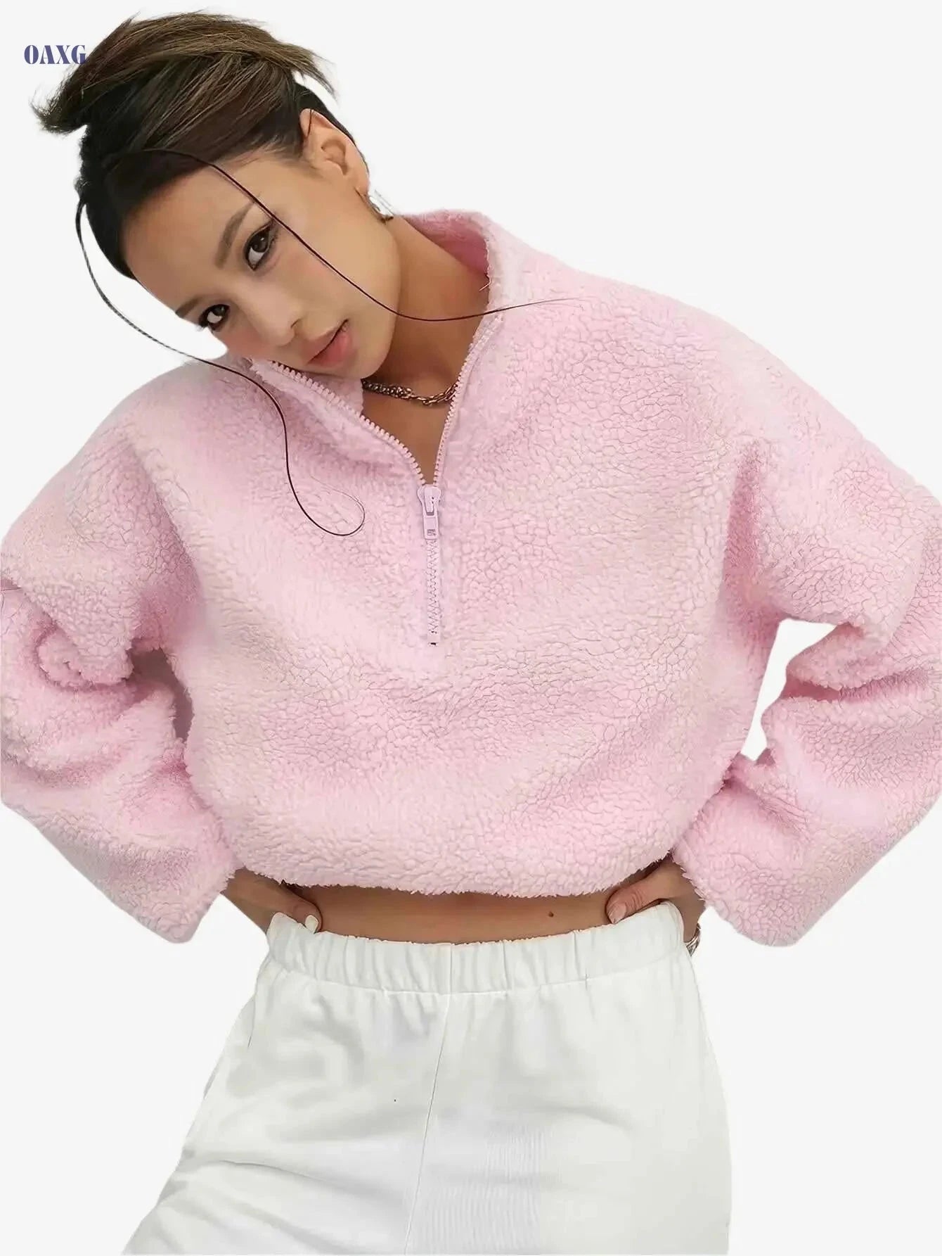Women's Oversized Fleece Sweater Coat - Soft Pink Casual Outerwear   OAXG Pink Color / XS