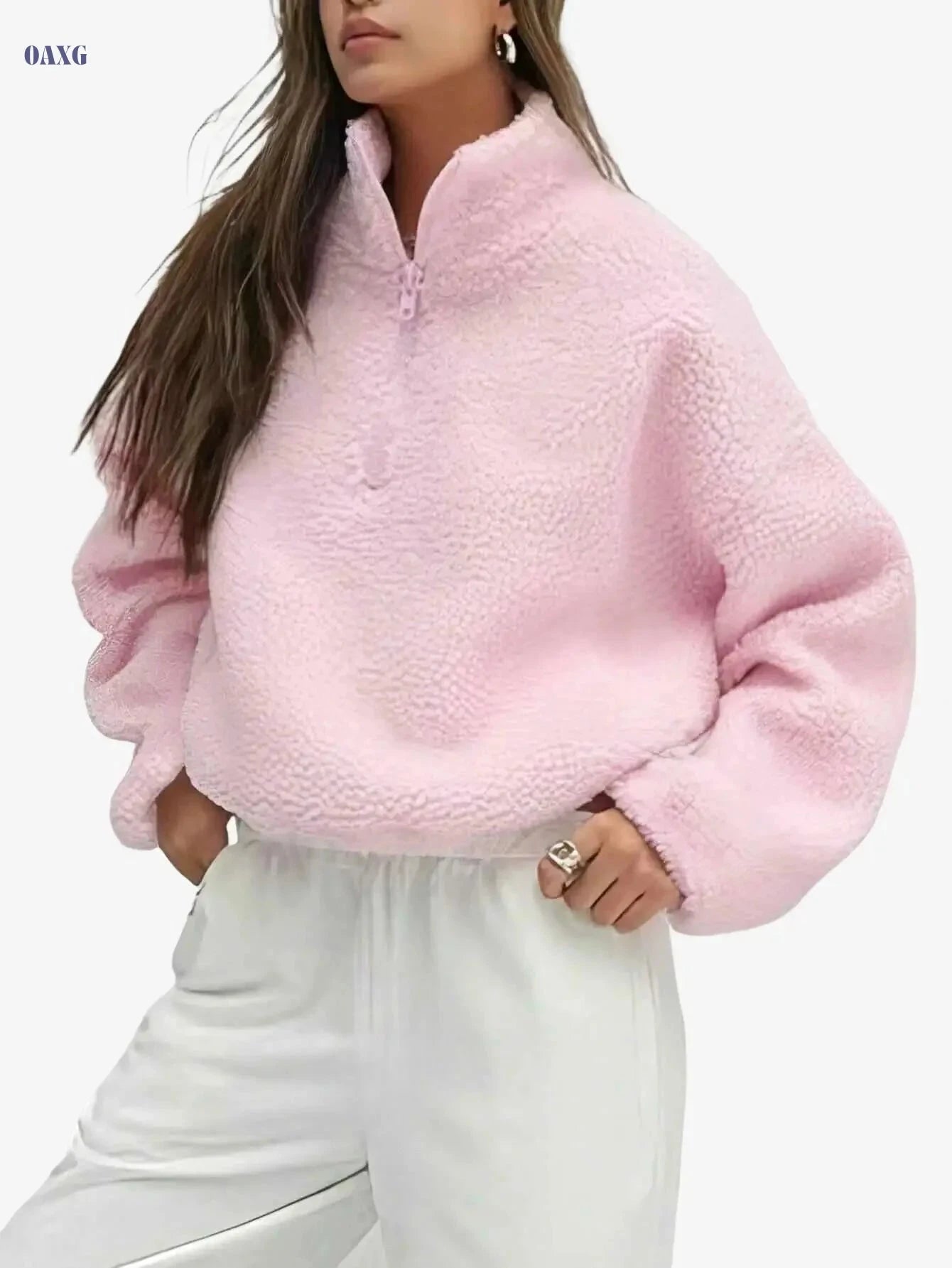 Women's Oversized Fleece Sweater Coat - Soft Pink Casual Outerwear   OAXG Pink Color / XS