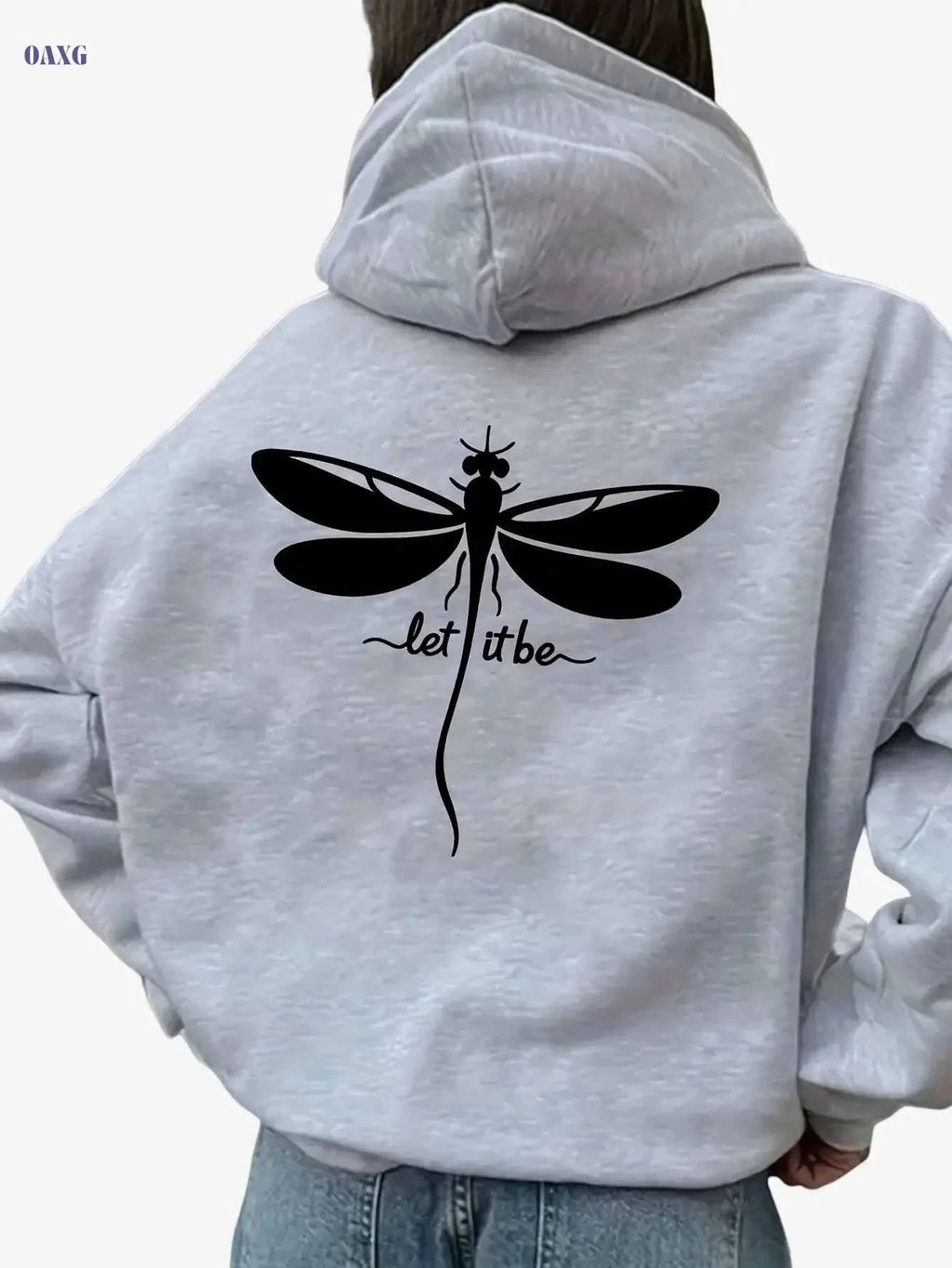Women's Oversized Hooded Fleece Jacket - Dragonfly Print, Cozy Casual   OAXG 