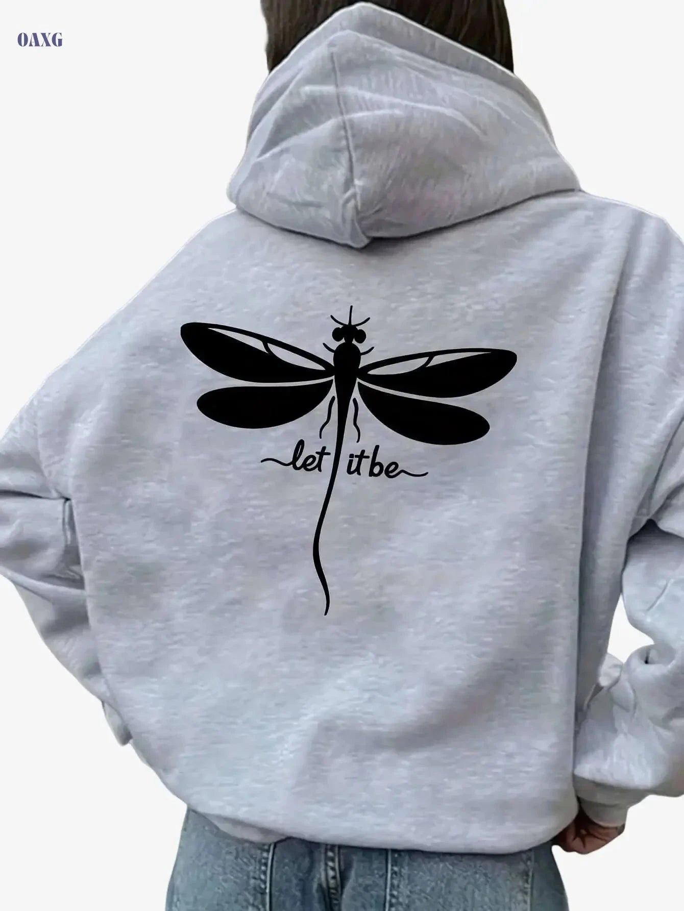 Women's Oversized Hooded Fleece Jacket - Dragonfly Print, Cozy Casual   OAXG 