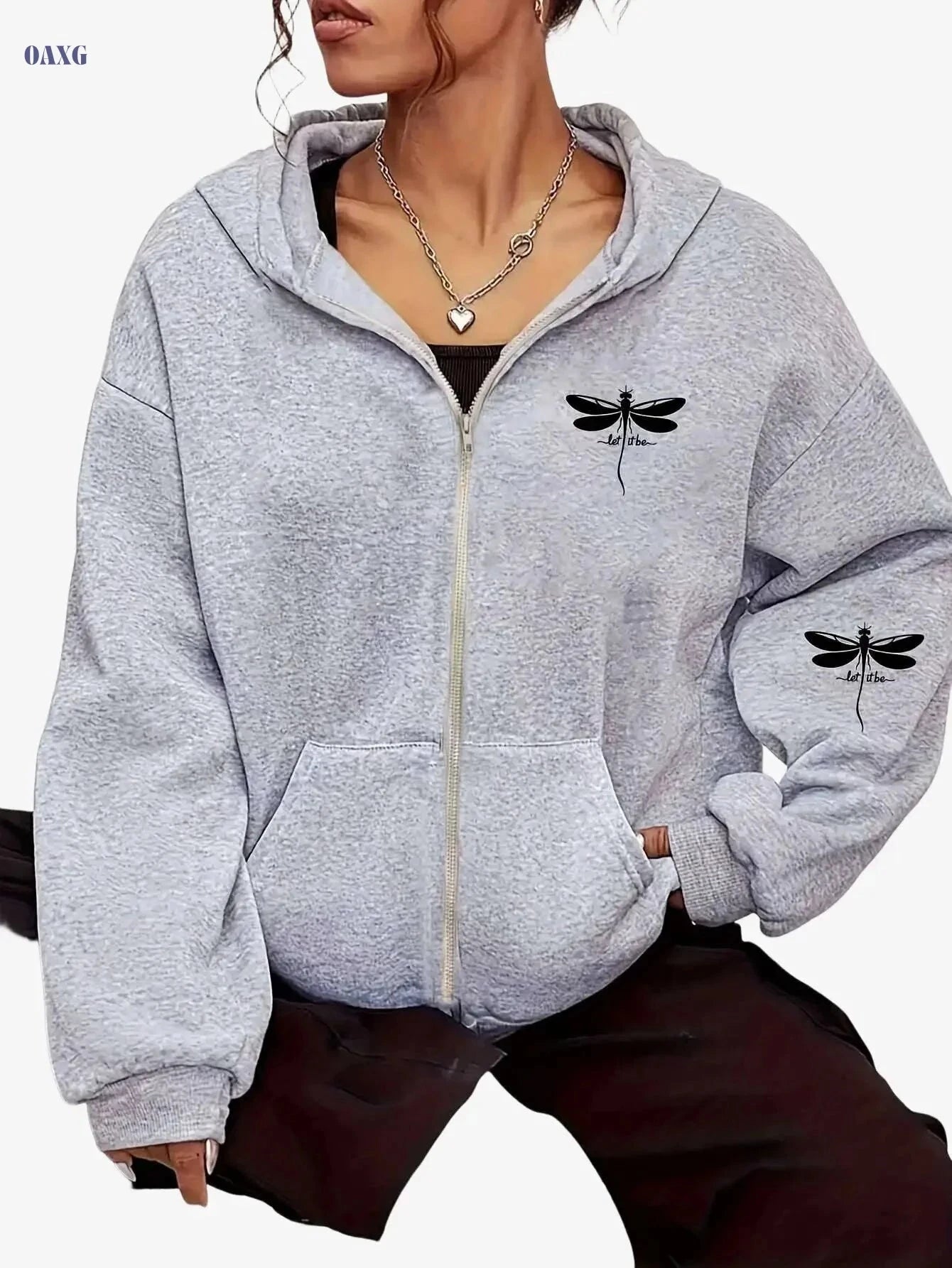 Women's Oversized Hooded Fleece Jacket - Dragonfly Print, Cozy Casual   OAXG 