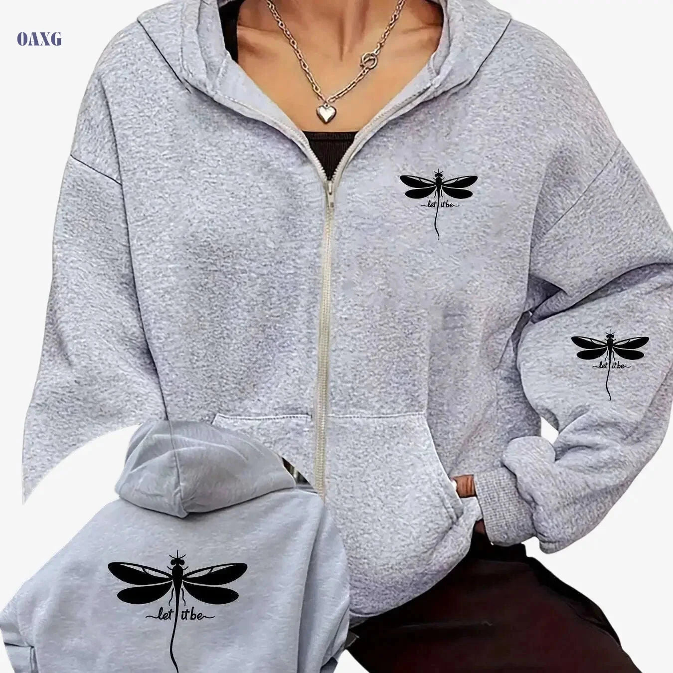 Women's Oversized Hooded Fleece Jacket - Dragonfly Print, Cozy Casual   OAXG Grey / S