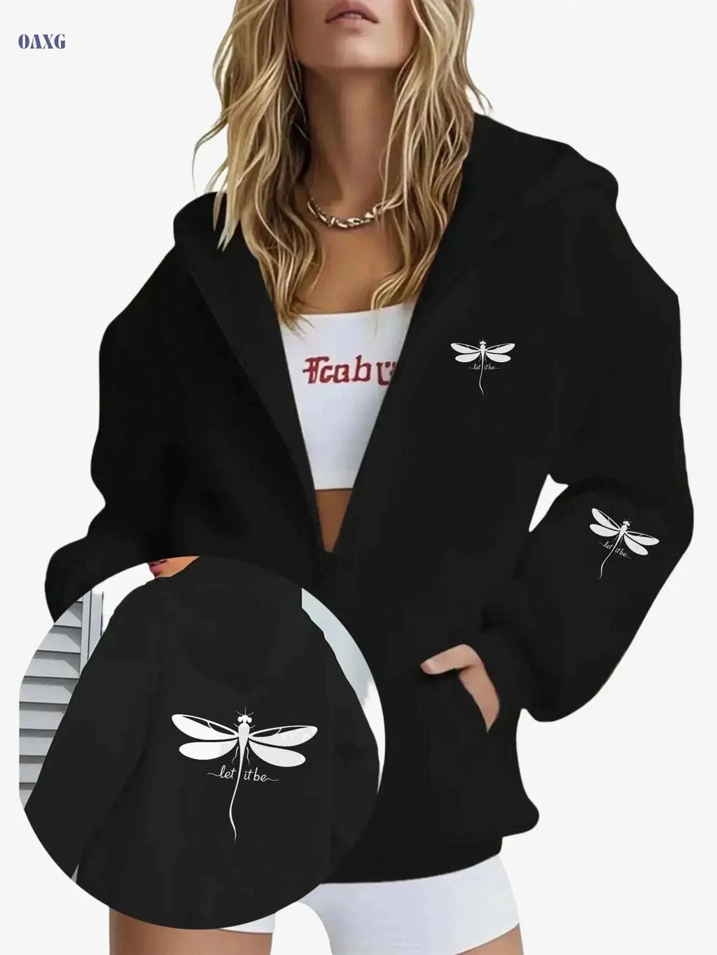 Women's Oversized Hooded Fleece Jacket - Dragonfly Print, Cozy Casual   OAXG Grey / S