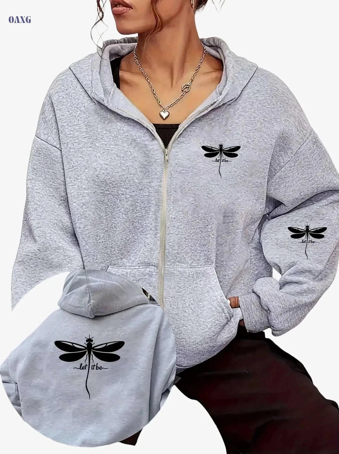 Women's Oversized Hooded Fleece Jacket - Dragonfly Print, Cozy Casual   OAXG Grey / S