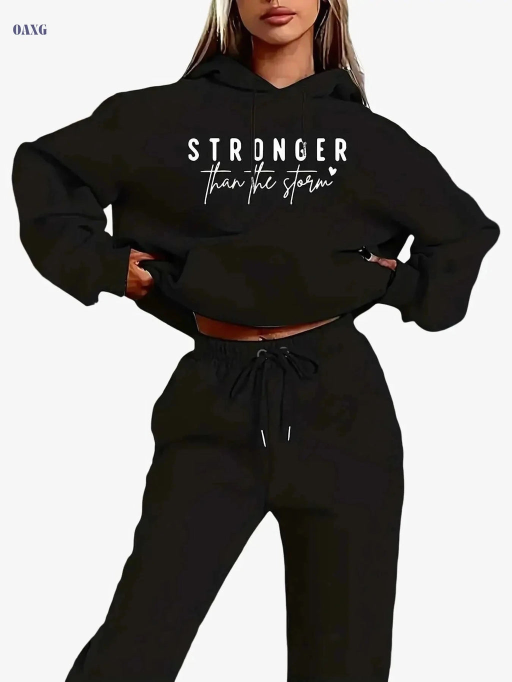 Women's Oversized Hooded Sweatshirt - "STRONGER" Print & Batwing Sleeves   OAXG Black / S