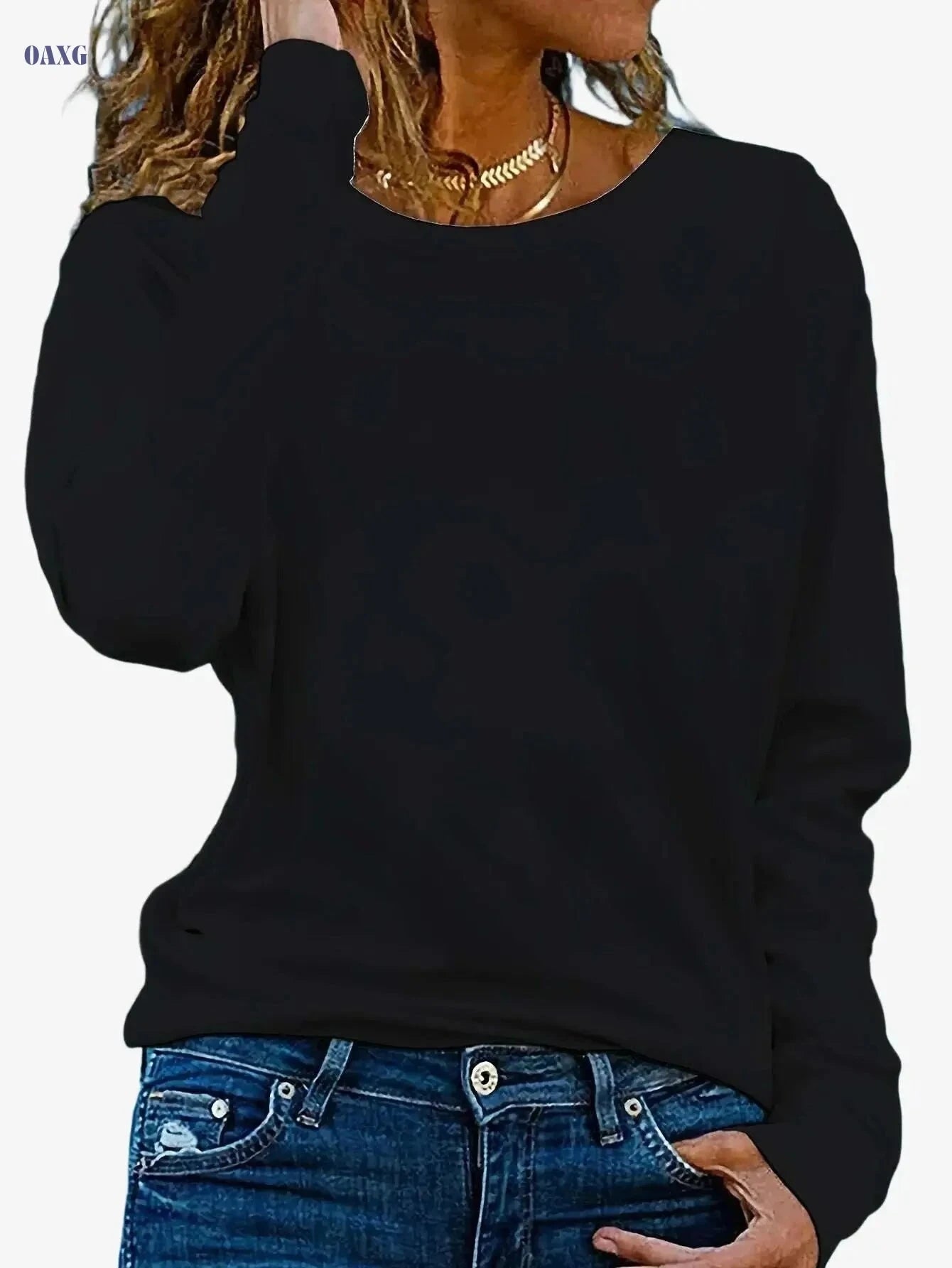 Women's Oversized Long Sleeve T-Shirt - Casual Crew Neck Fit   OAXG 
