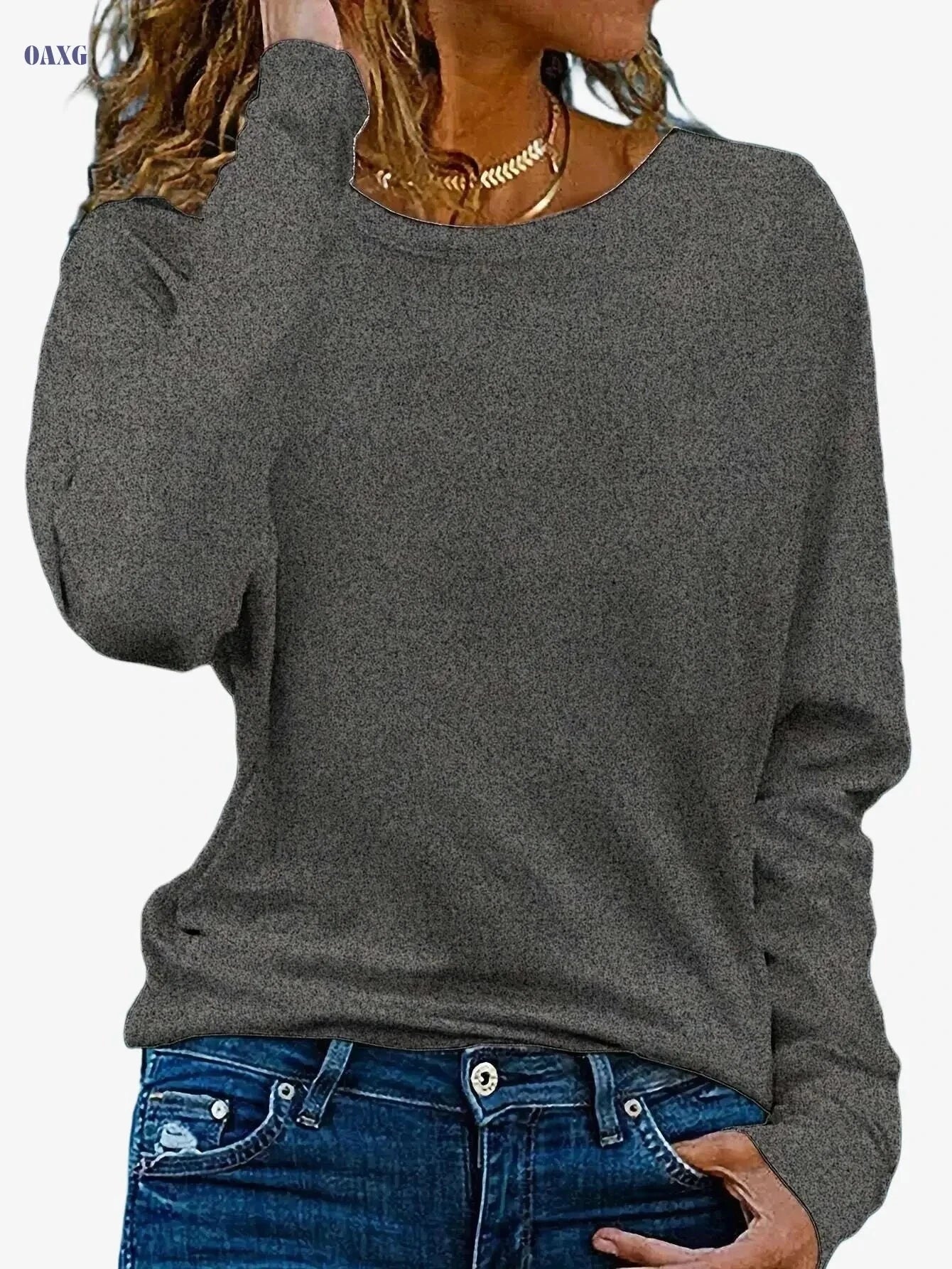 Women's Oversized Long Sleeve T-Shirt - Casual Crew Neck Fit   OAXG White / S