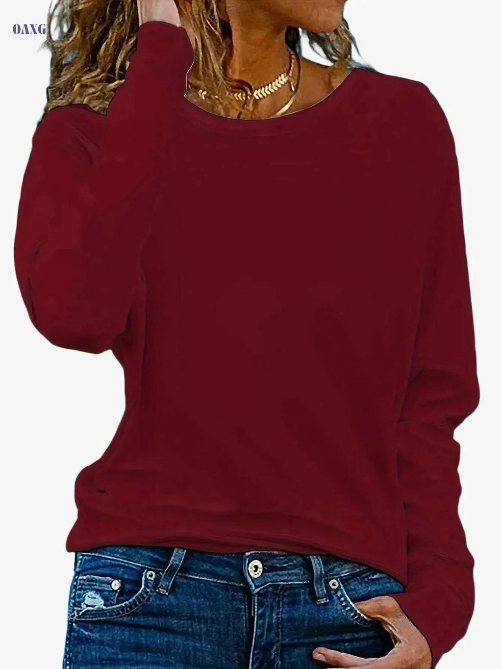 Women's Oversized Long Sleeve T-Shirt - Casual Crew Neck Fit   OAXG White / S