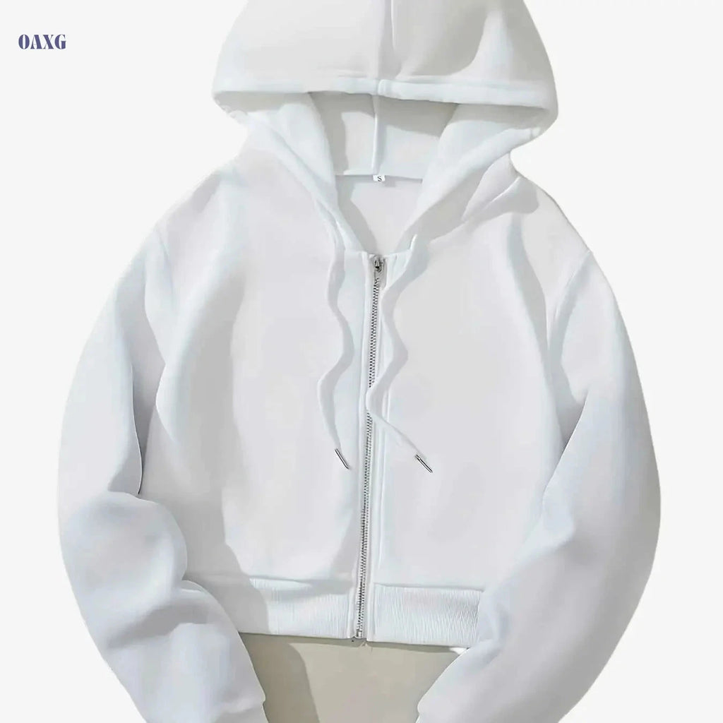 Women's Oversized White Zip-Up Hooded Jacket - All-Season Casual Coat   OAXG 