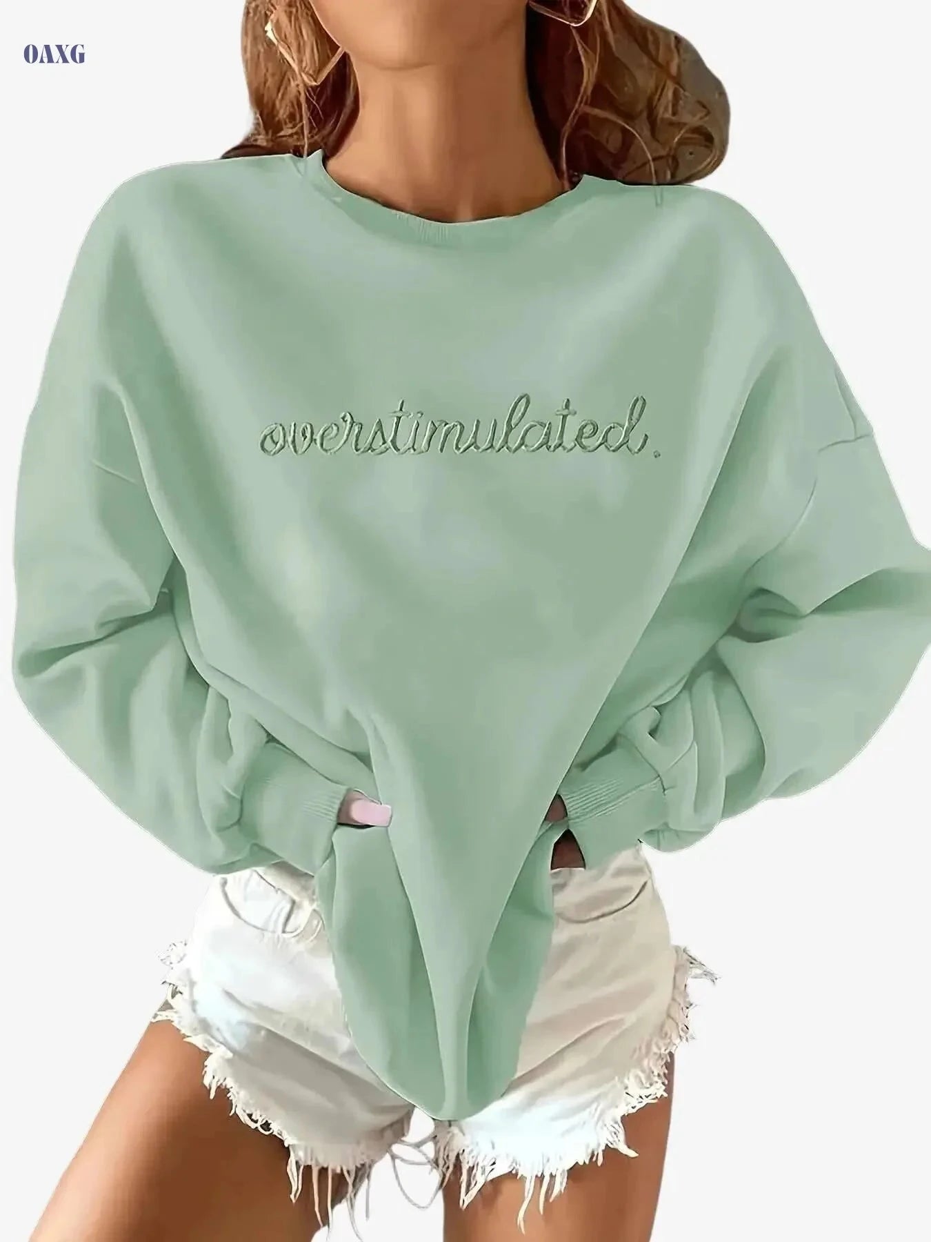 Women's "Overstimulated" Fleece Sweatshirt - Light Green Pullover   OAXG Light Green / XS