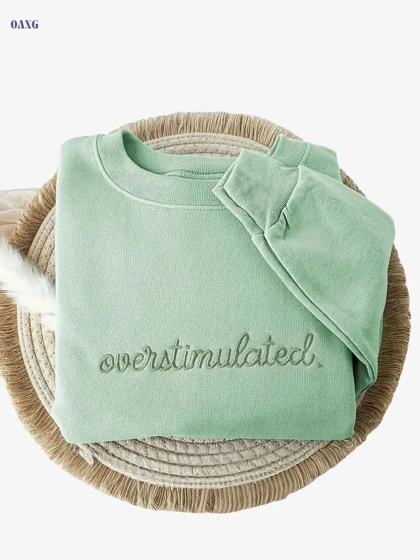 Women's "Overstimulated" Fleece Sweatshirt - Light Green Pullover   OAXG Light Green / XS