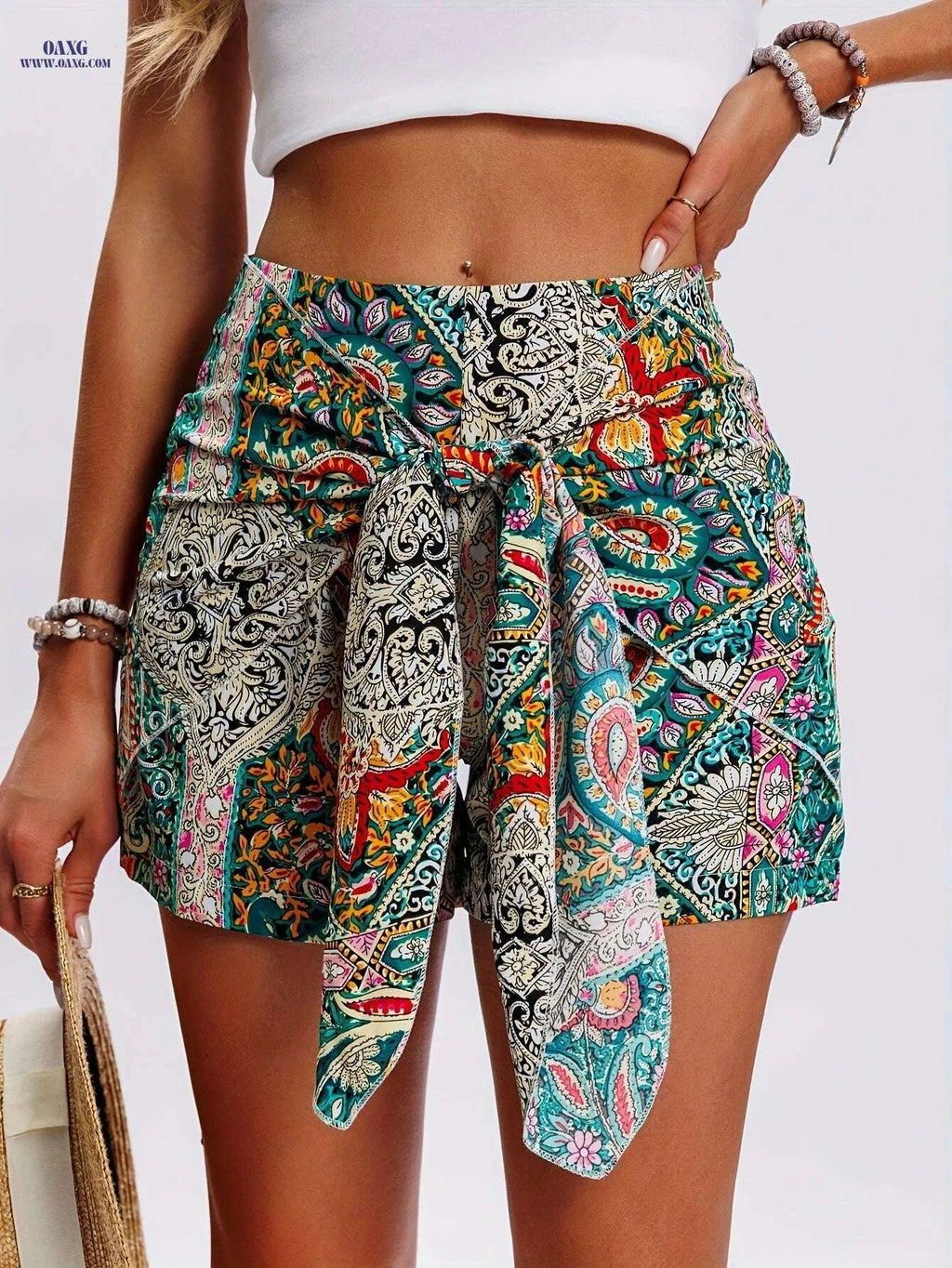 Women's Paisley Print High Waist Shorts - Elegant Boho Style   OAXG 