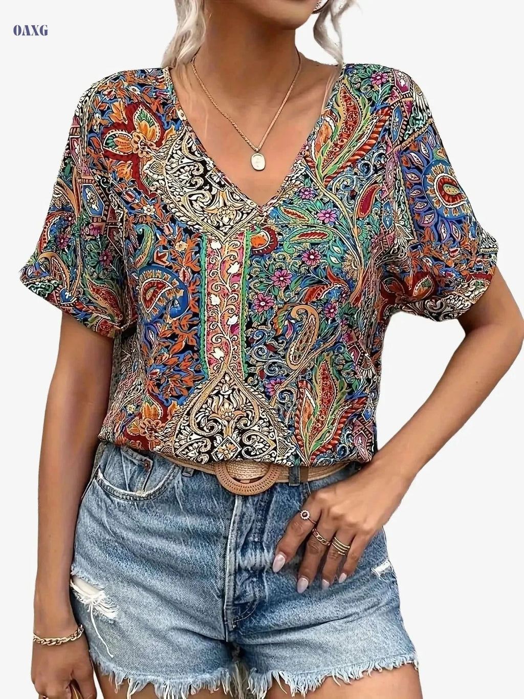 Women's Paisley Print V-Neck Blouse - Lightweight Batwing Sleeve Top   OAXG 