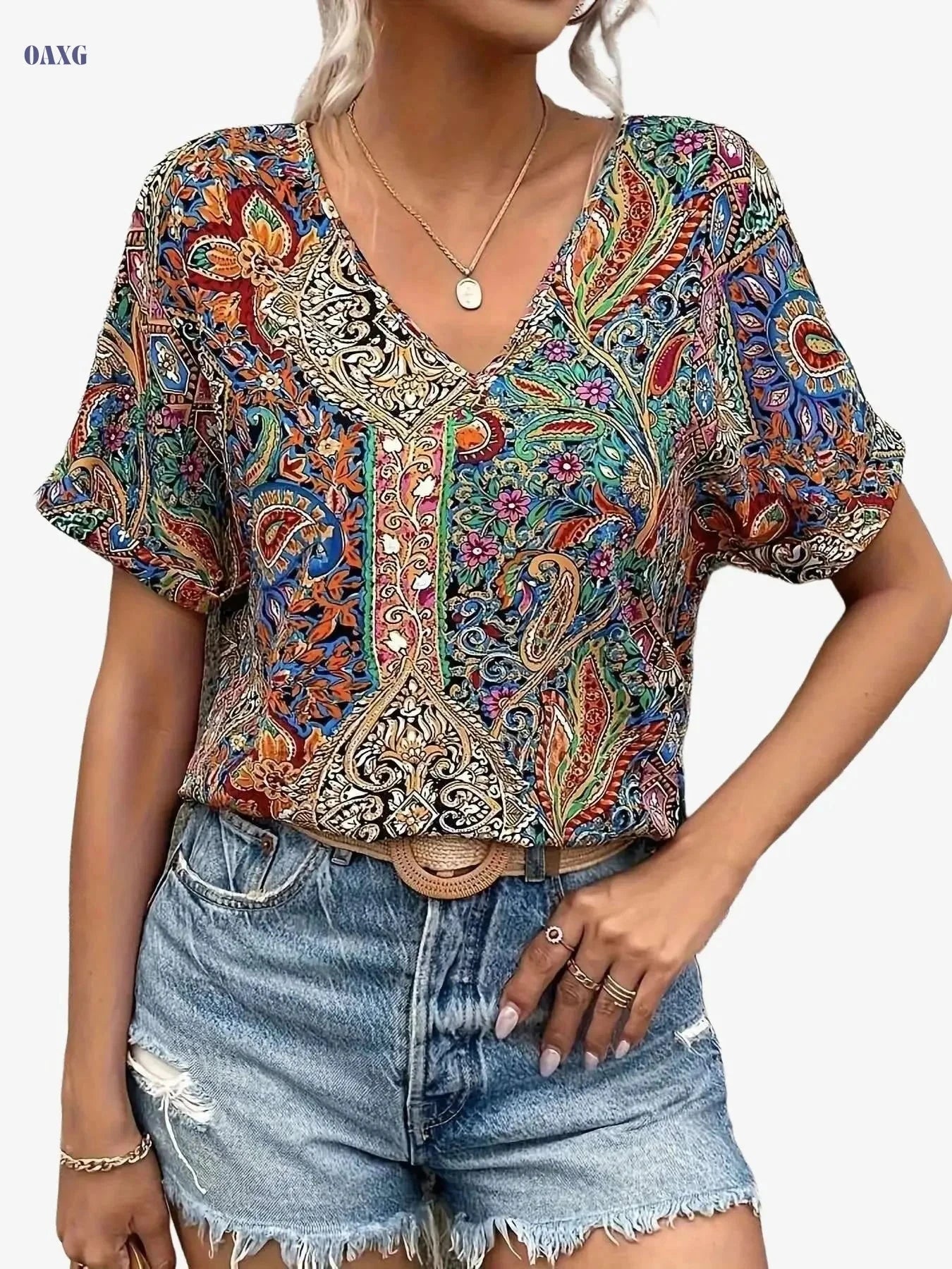Women's Paisley Print V-Neck Blouse - Lightweight Batwing Sleeve Top   OAXG 