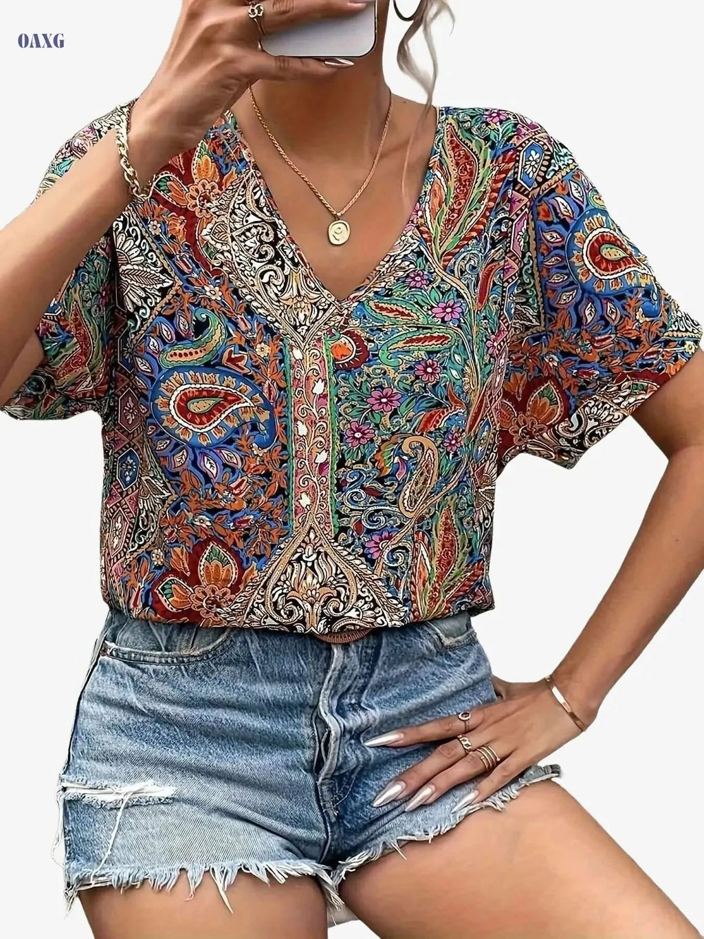 Women's Paisley Print V-Neck Blouse - Lightweight Batwing Sleeve Top   OAXG 