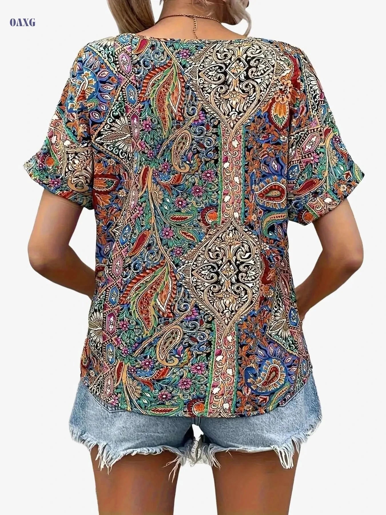 Women's Paisley Print V-Neck Blouse - Lightweight Batwing Sleeve Top   OAXG 