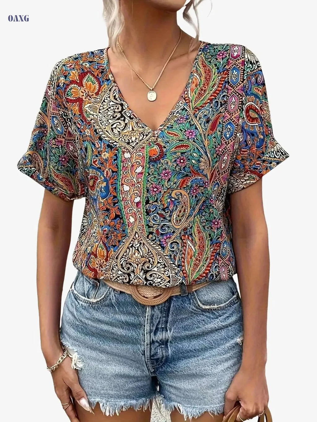 Women's Paisley Print V-Neck Blouse - Lightweight Batwing Sleeve Top   OAXG Multicolor / S