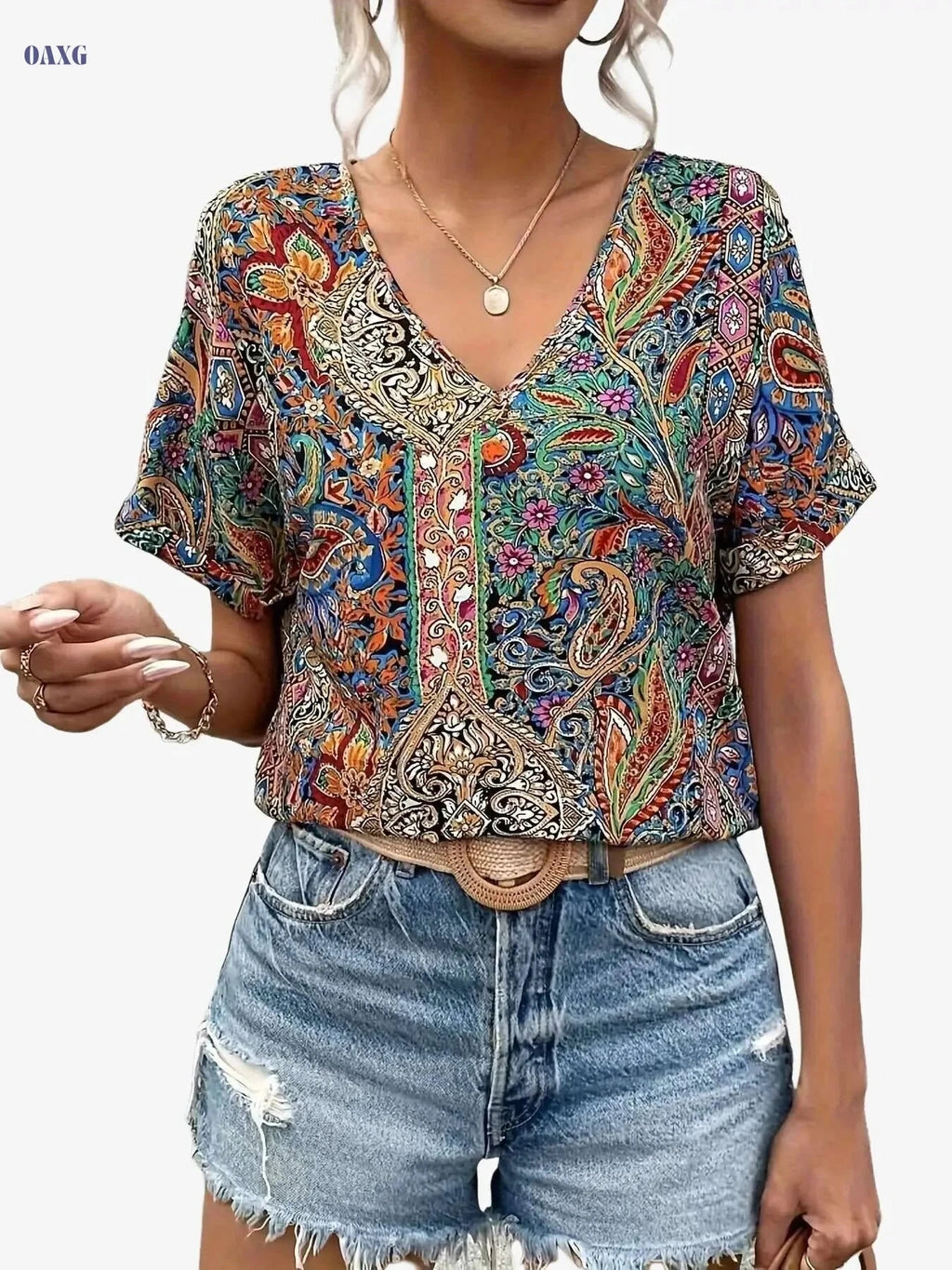 Women's Paisley Print V-Neck Blouse - Lightweight Batwing Sleeve Top   OAXG Multicolor / S