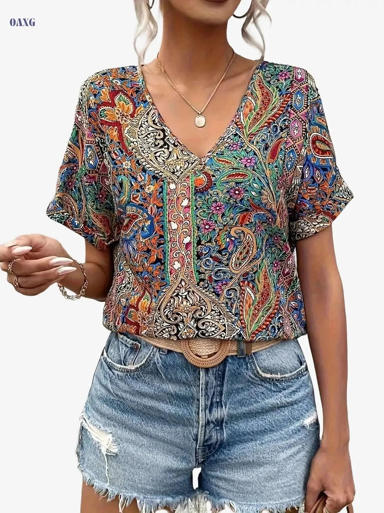 Women's Paisley Print V-Neck Blouse - Lightweight Batwing Sleeve Top   OAXG Multicolor / S
