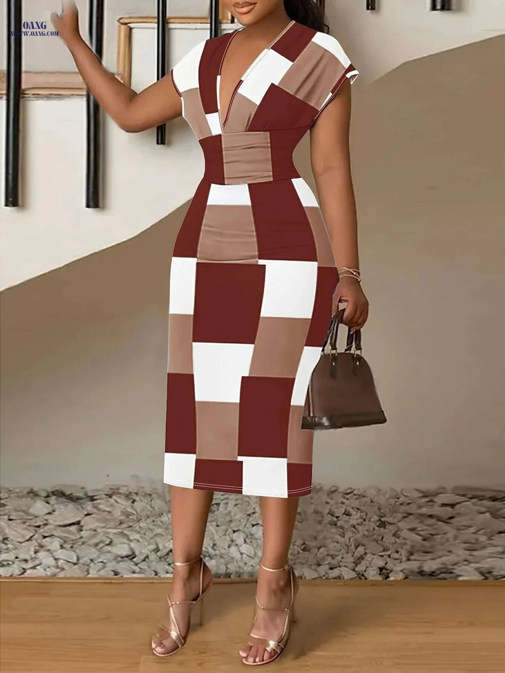 Women's Patchwork V Neck Dress - Elegant Short Sleeve for Spring   OAXG 