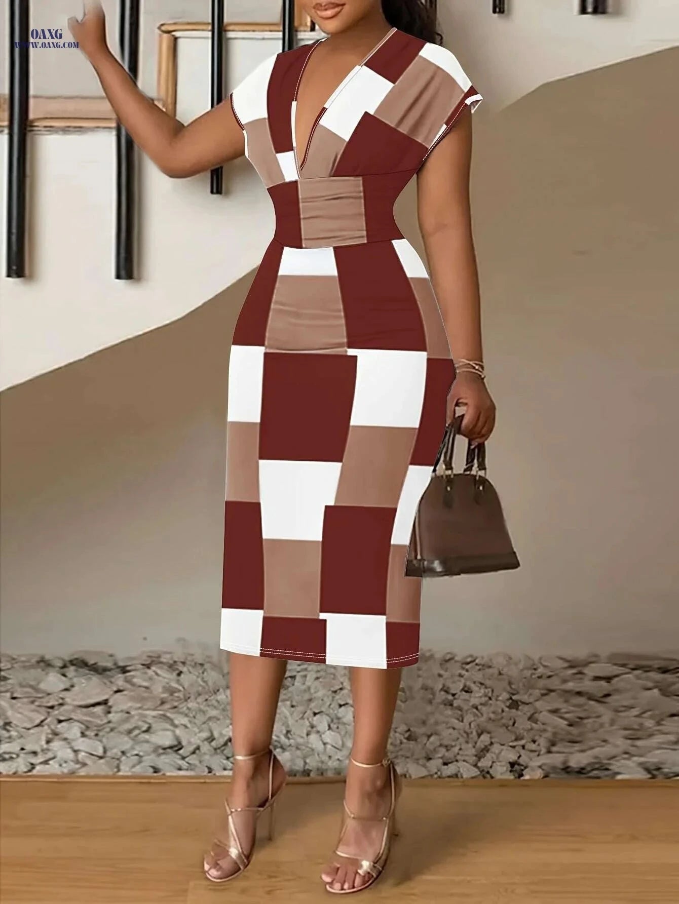 Women's Patchwork V Neck Dress - Elegant Short Sleeve for Spring   OAXG 