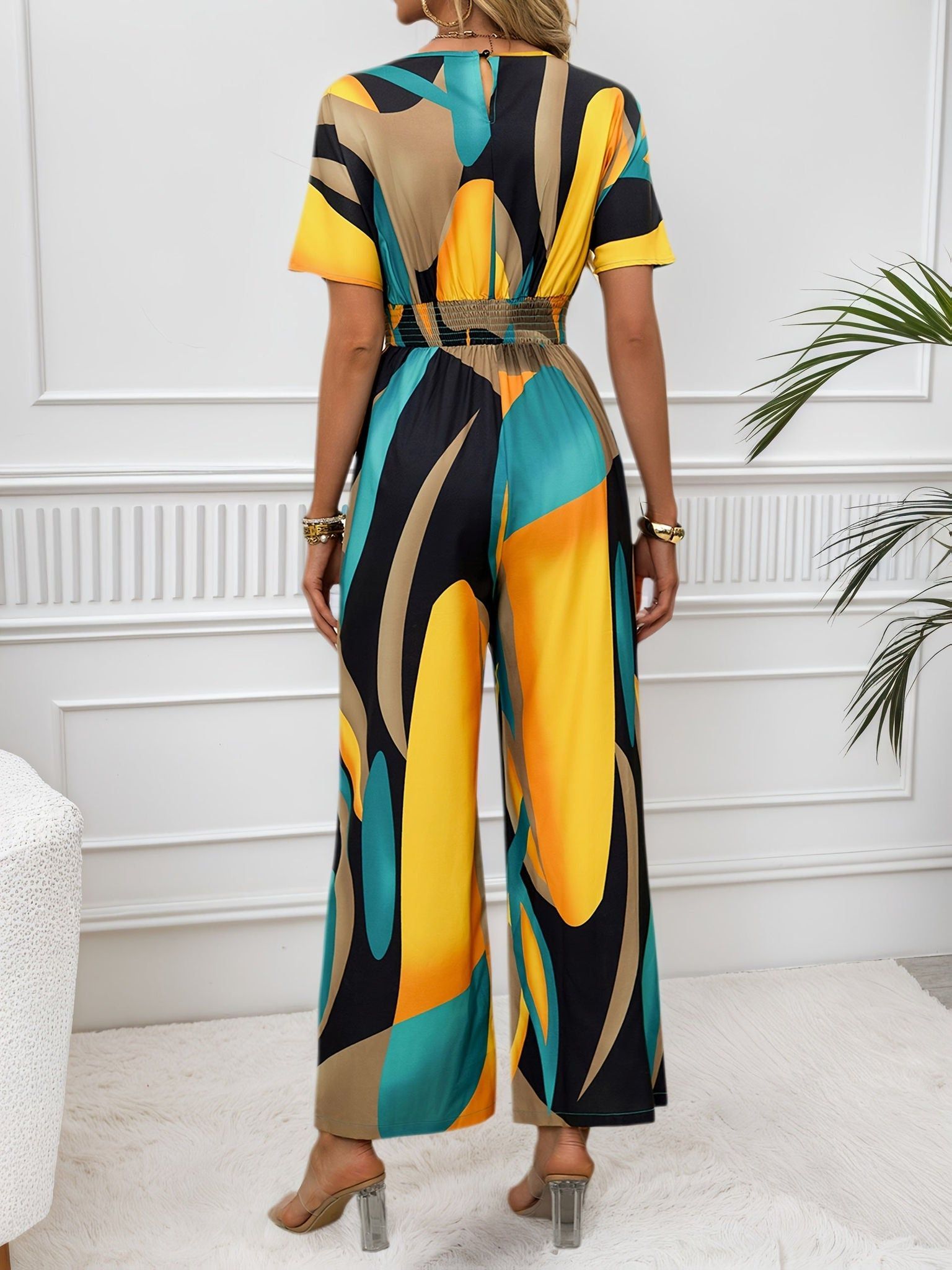 Women’s Pattern-Printed Batwing Sleeve Bodysuit with Tie Waist   OAXG Yellow / S