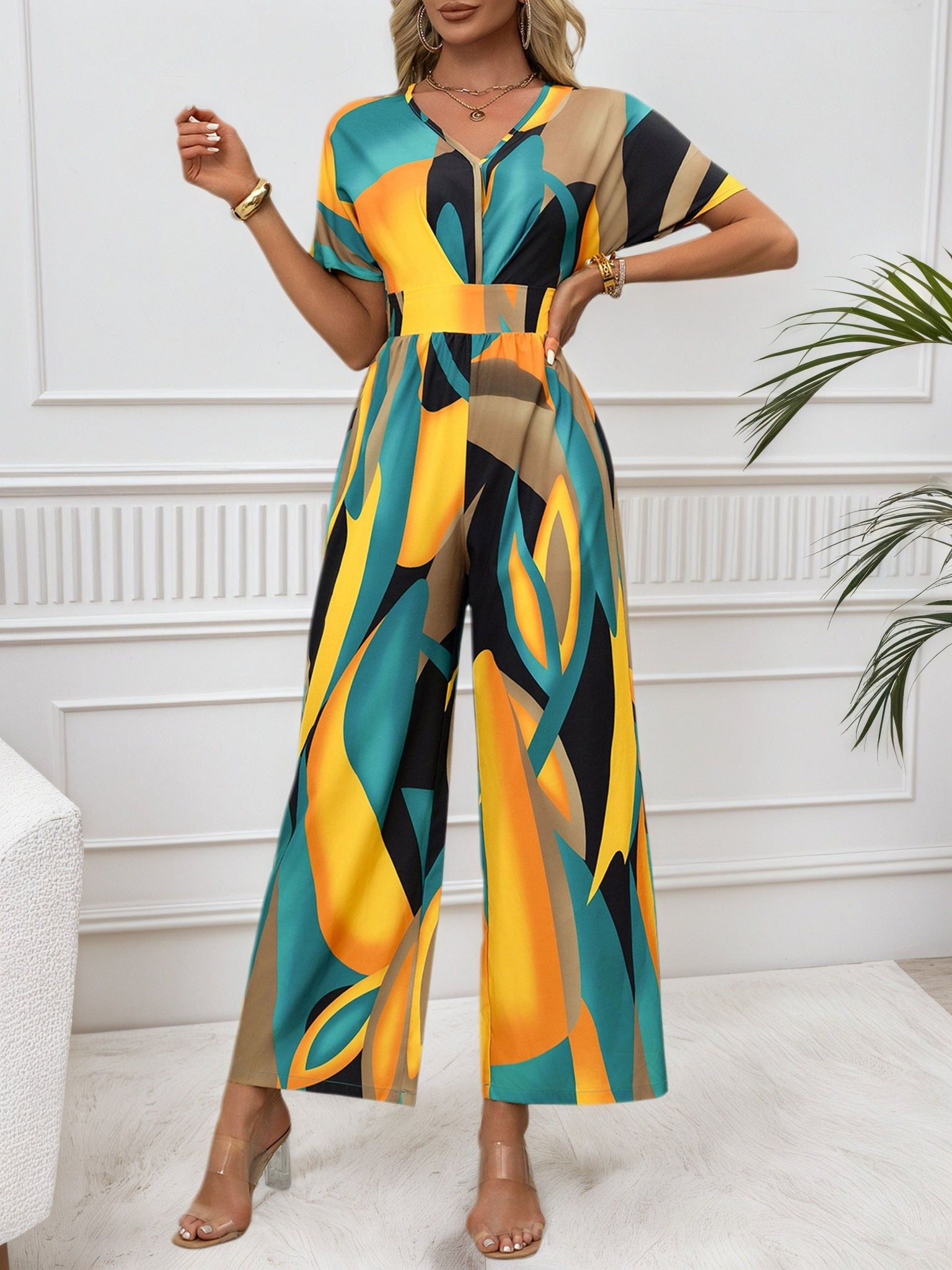 Women’s Pattern-Printed Batwing Sleeve Bodysuit with Tie Waist   OAXG Yellow / S