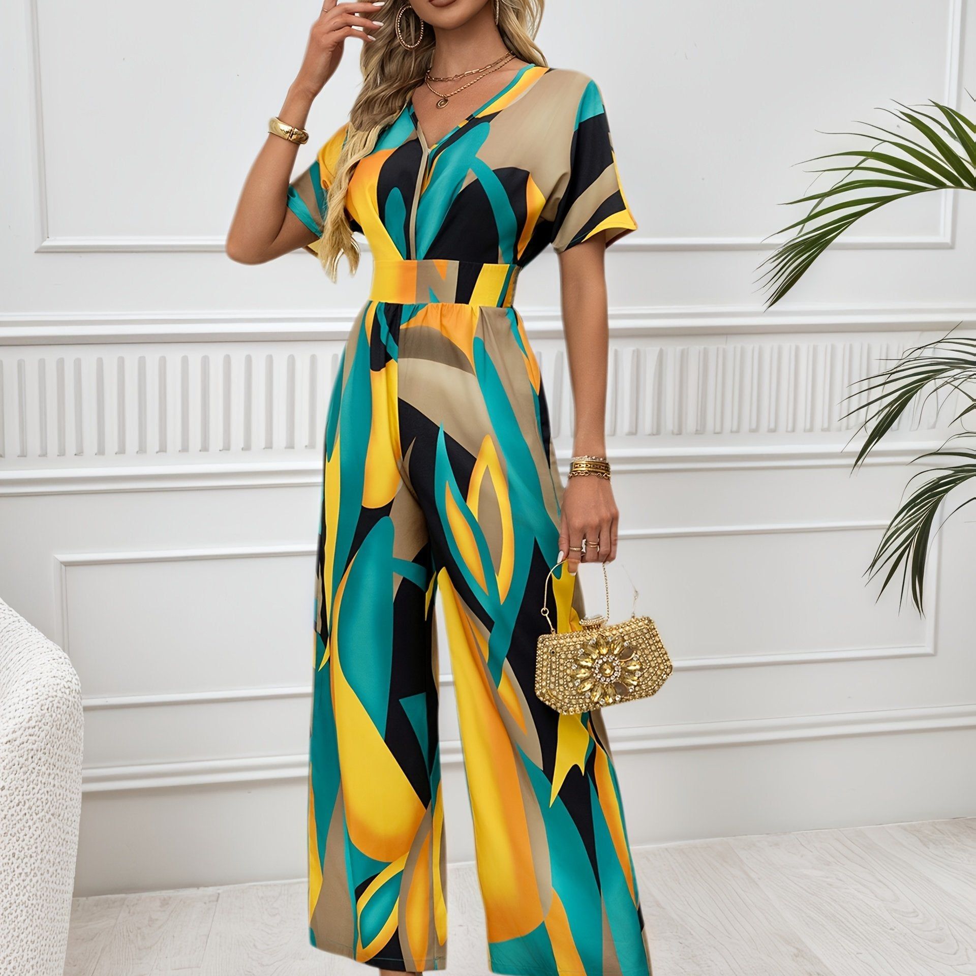 Women’s Pattern-Printed Batwing Sleeve Bodysuit with Tie Waist   OAXG Yellow / S
