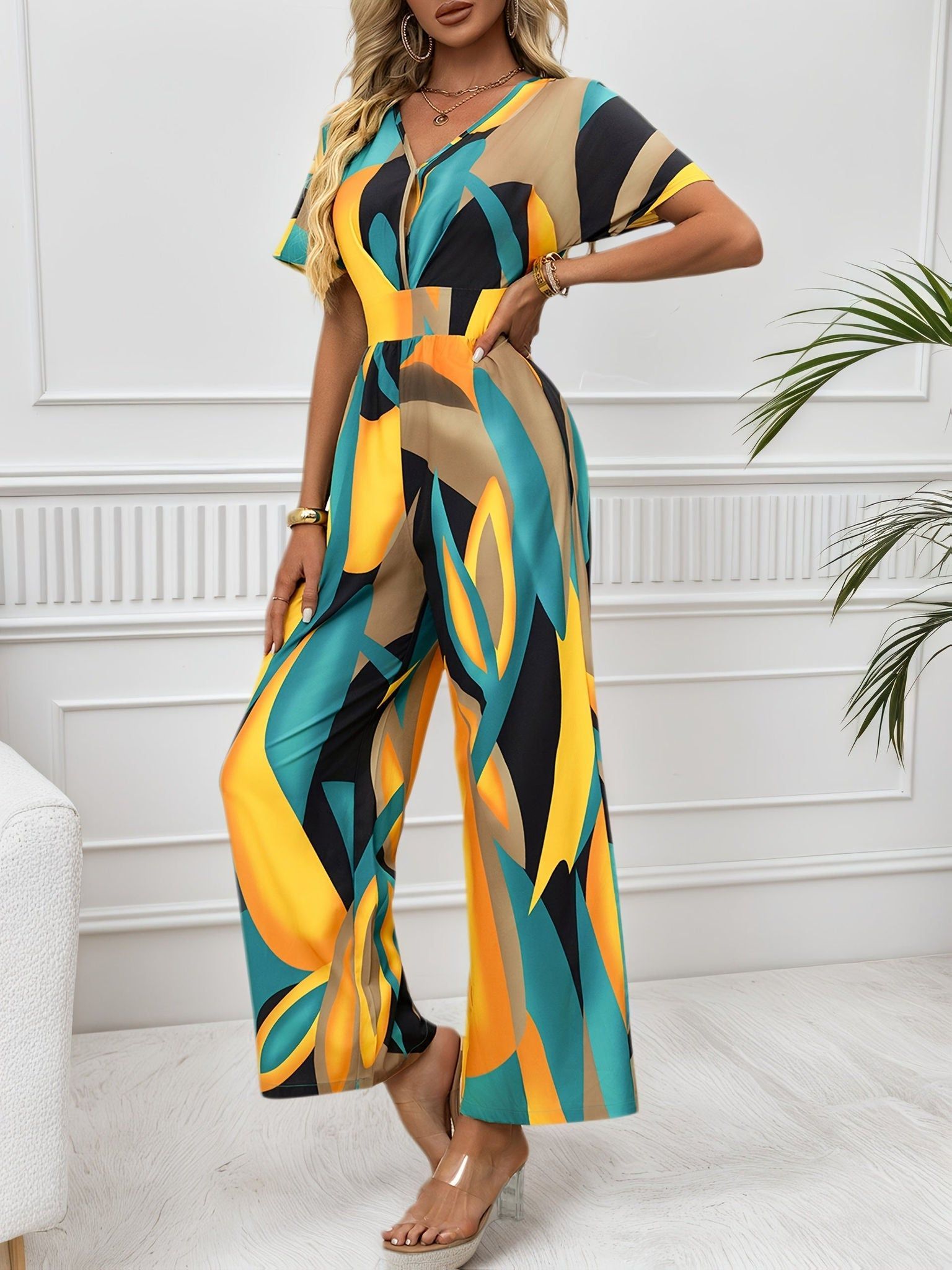 Women’s Pattern-Printed Batwing Sleeve Bodysuit with Tie Waist   OAXG Yellow / S
