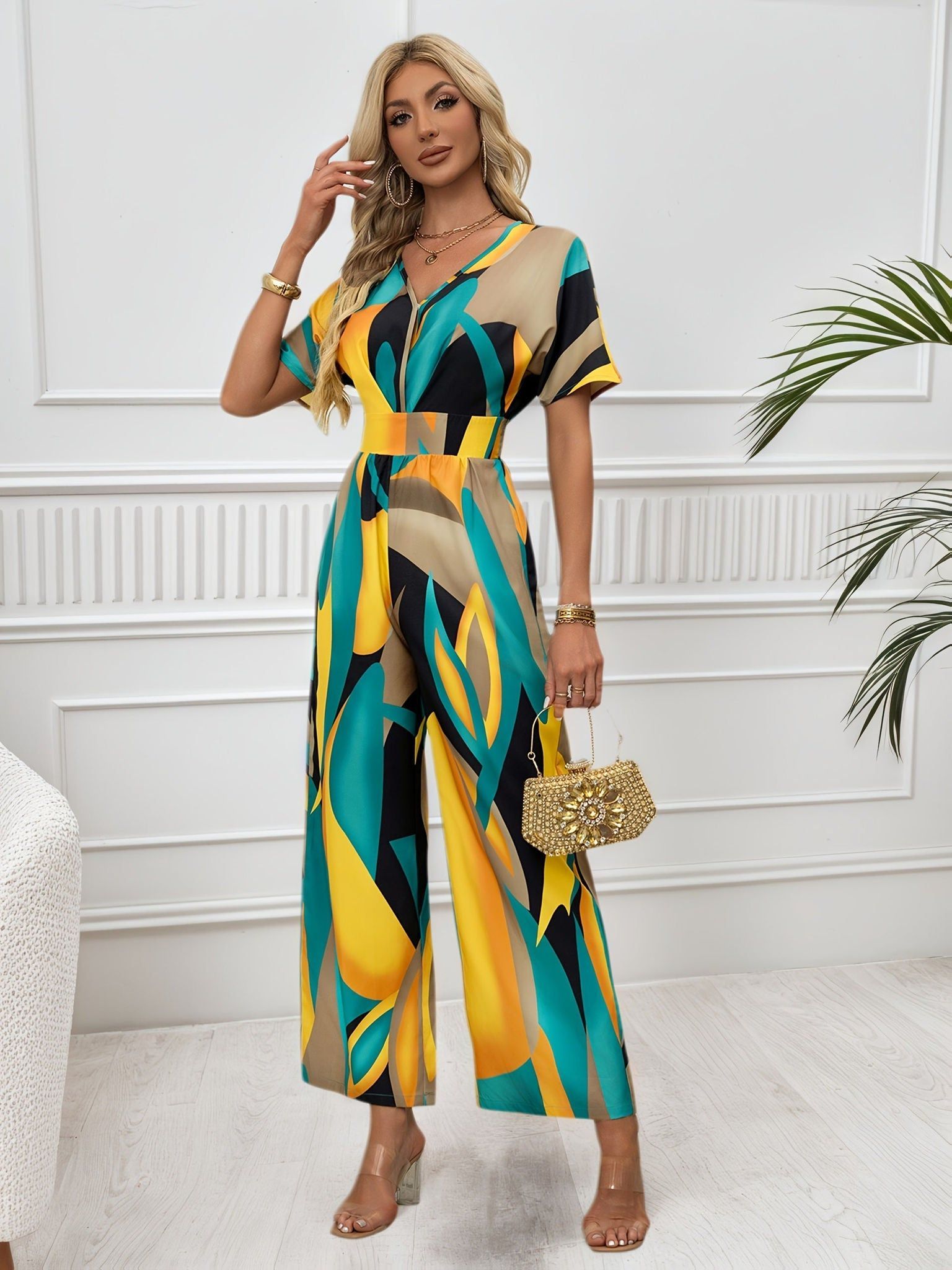 Women’s Pattern-Printed Batwing Sleeve Bodysuit with Tie Waist   OAXG Yellow / S