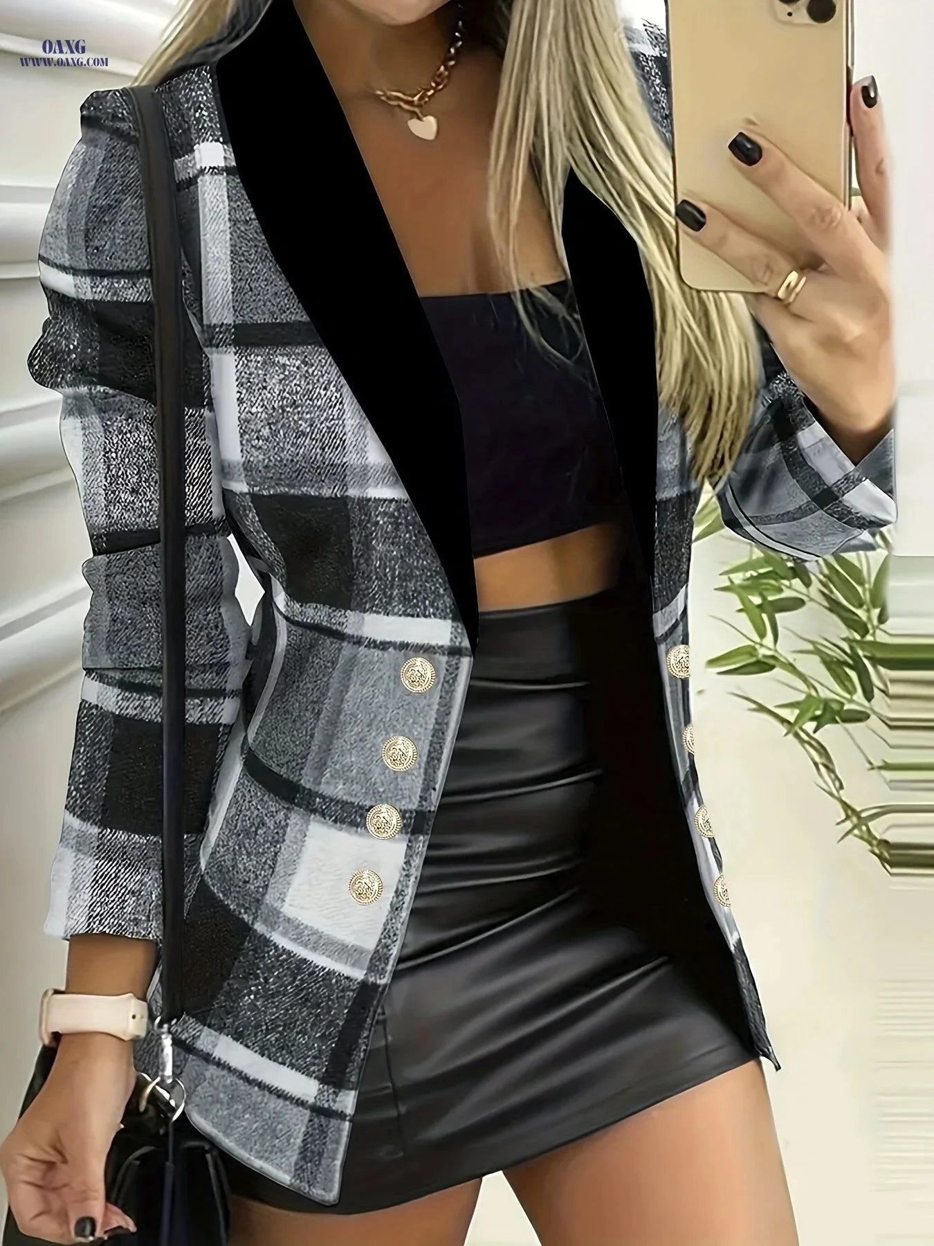 Women's Plaid Buttoned Blazer - Casual Autumn & Winter Style   OAXG Black / S