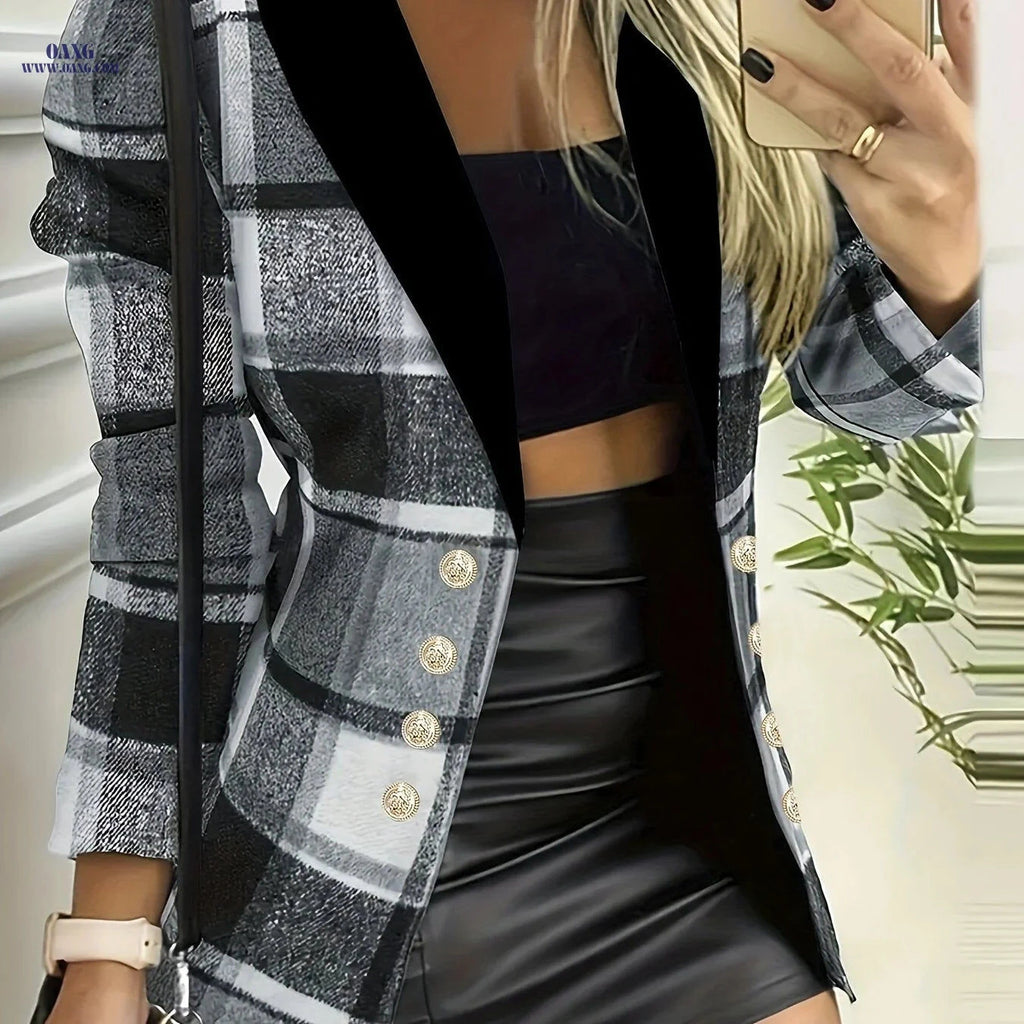 Women's Plaid Buttoned Blazer - Casual Autumn & Winter Style   OAXG Black / S