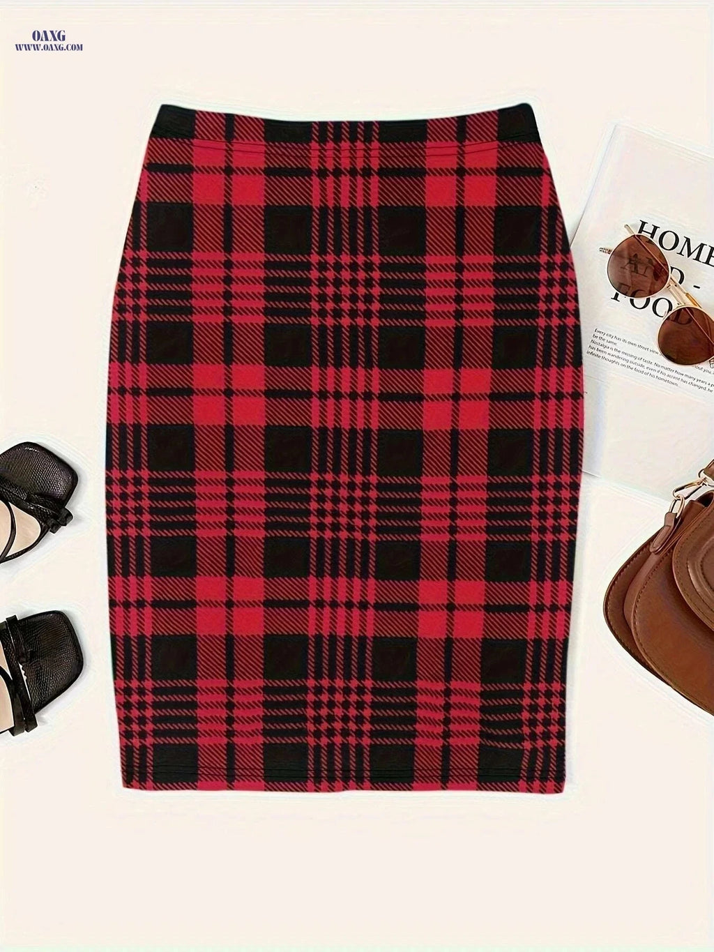 Women's Plaid Print Slim Midi Skirt - Casual High Waist Style   OAXG Black / S