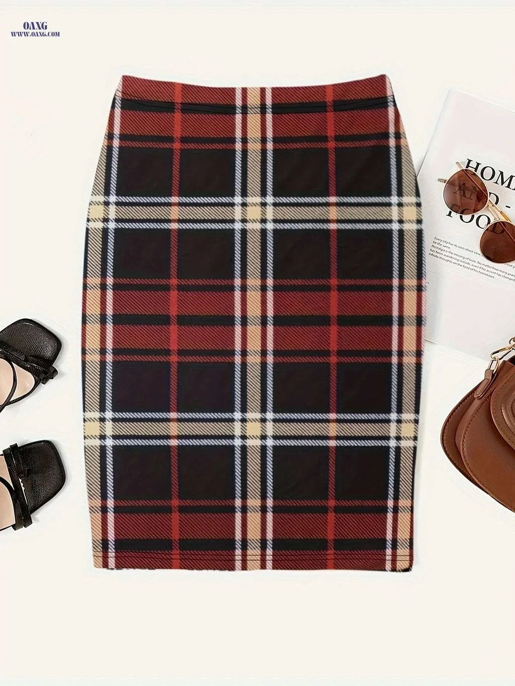 Women's Plaid Print Slim Midi Skirt - Casual High Waist Style   OAXG Black / S