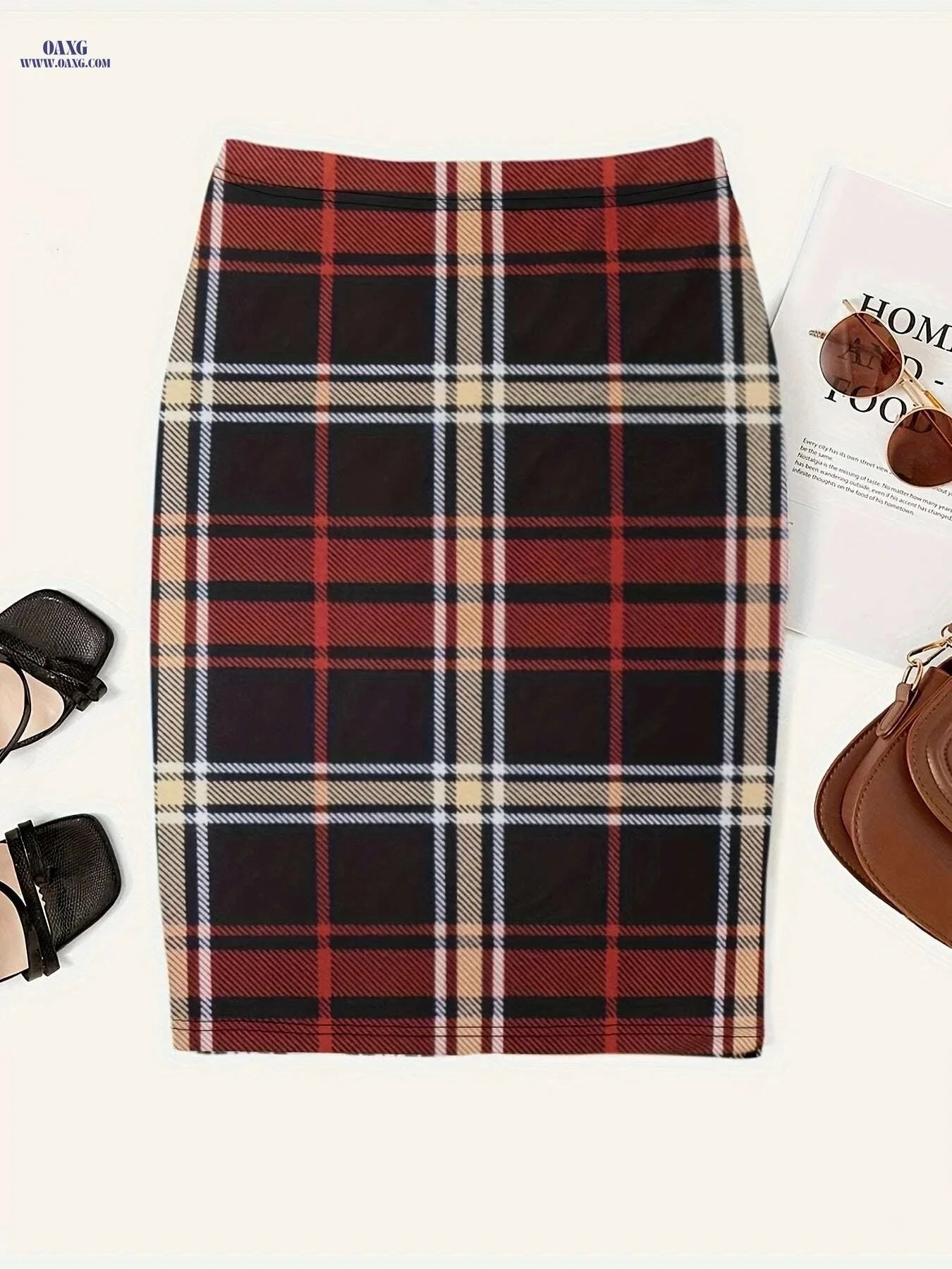 Women's Plaid Print Slim Midi Skirt - Casual High Waist Style   OAXG Black / S