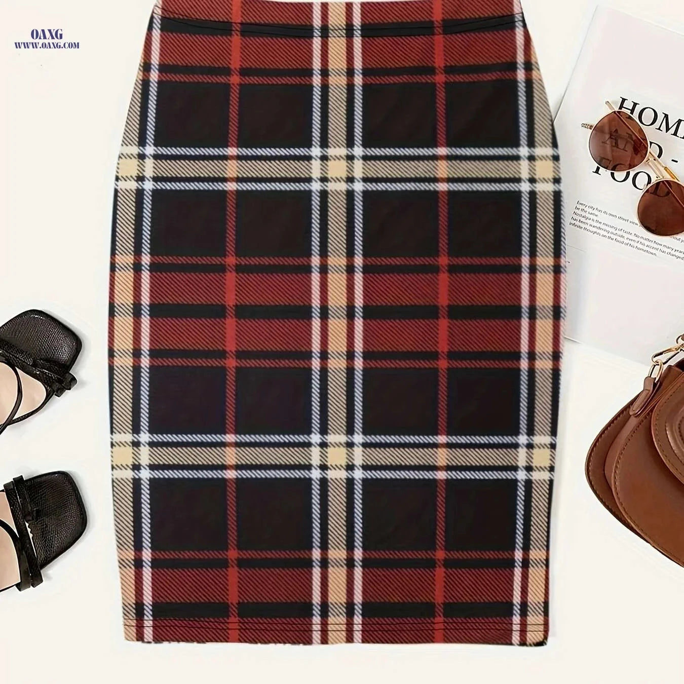 Women's Plaid Print Slim Midi Skirt - Casual High Waist Style   OAXG Black / S