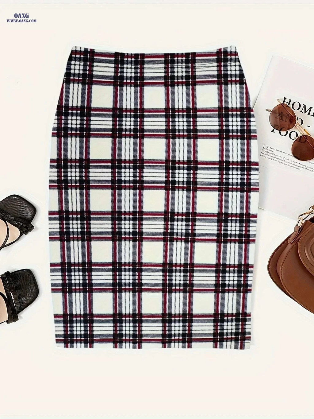 Women's Plaid Print Slim Midi Skirt - Casual High Waist Style   OAXG 