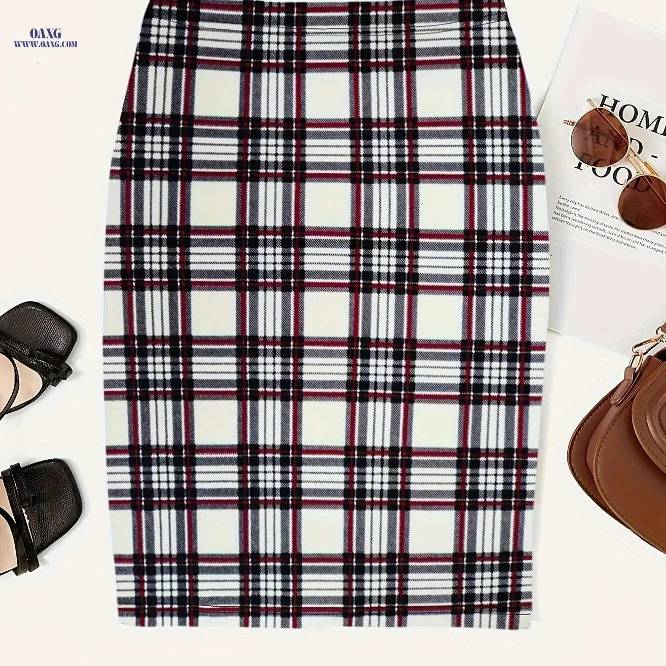 Women's Plaid Print Slim Midi Skirt - Casual High Waist Style   OAXG 
