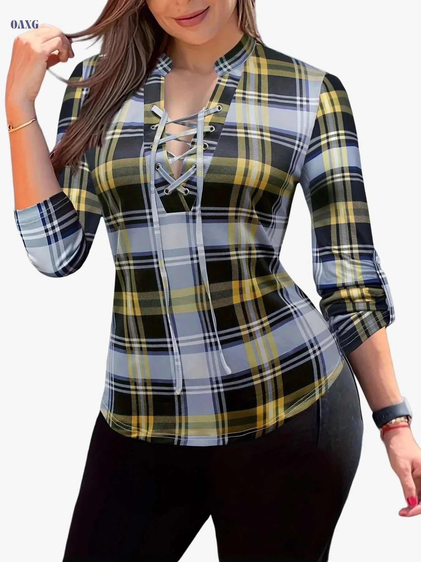 Women's Plaid V-Neck Blouse - Casual Long Sleeve Drawstring Top   OAXG 