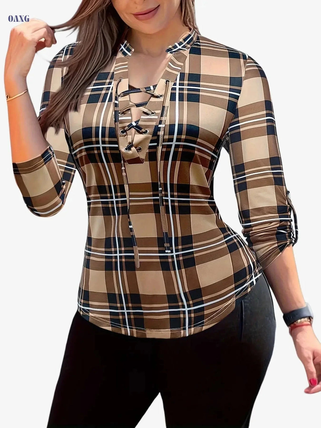 Women's Plaid V-Neck Blouse - Casual Long Sleeve Drawstring Top   OAXG Red / S