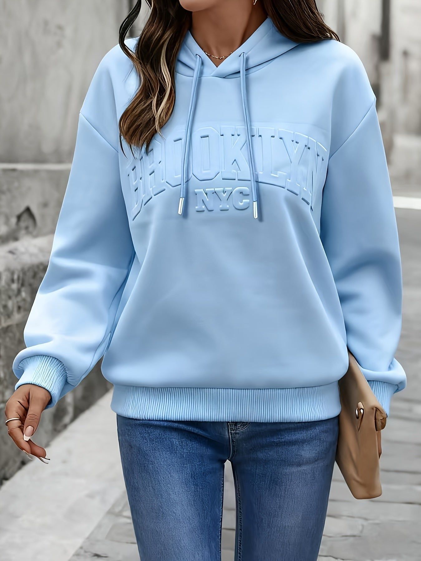 Women's Plain Weave Pullover Hoodie Sweatshirt with Embossed Letter Print, Shoulder Design, Autumn/Winter Style   OAXG Sky Blue / XS