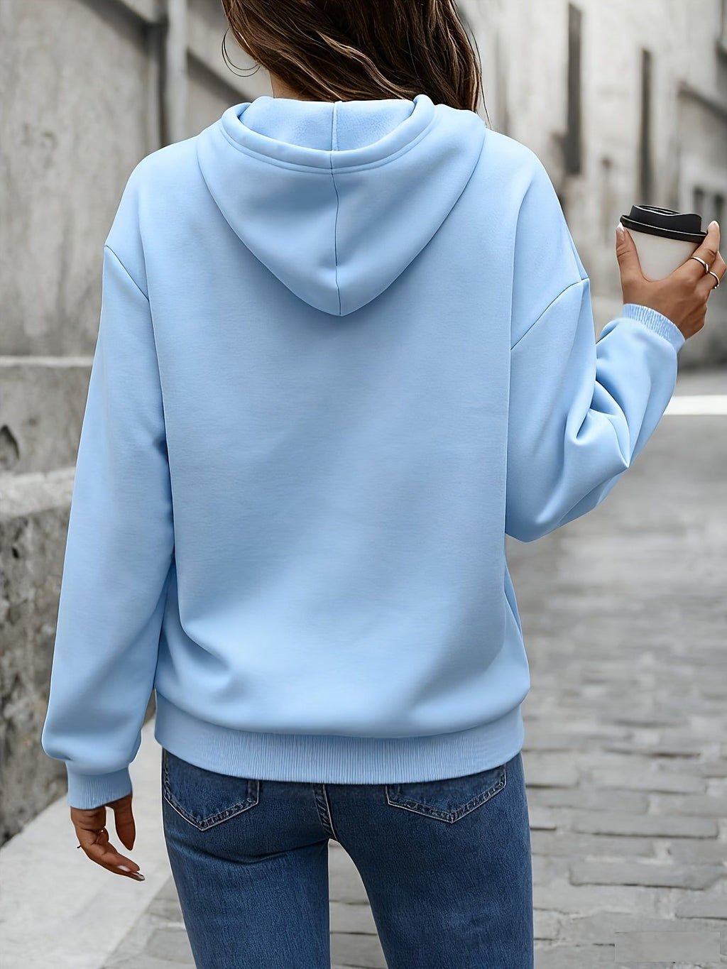Women's Plain Weave Pullover Hoodie Sweatshirt with Embossed Letter Print, Shoulder Design, Autumn/Winter Style   OAXG Sky Blue / XS