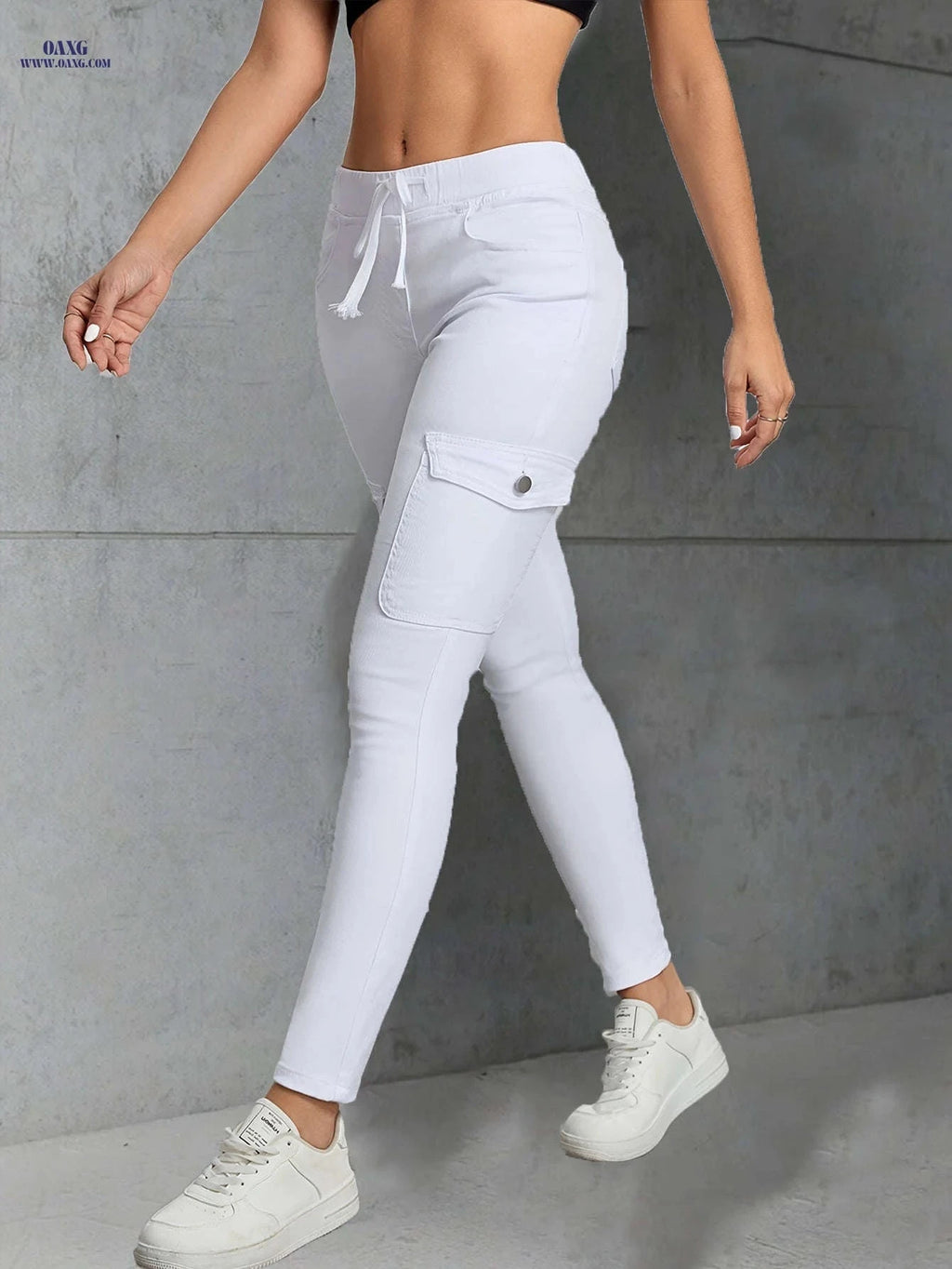Women's Plain White Drawstring Skinny Jeans - Side Flap Pockets   OAXG 
