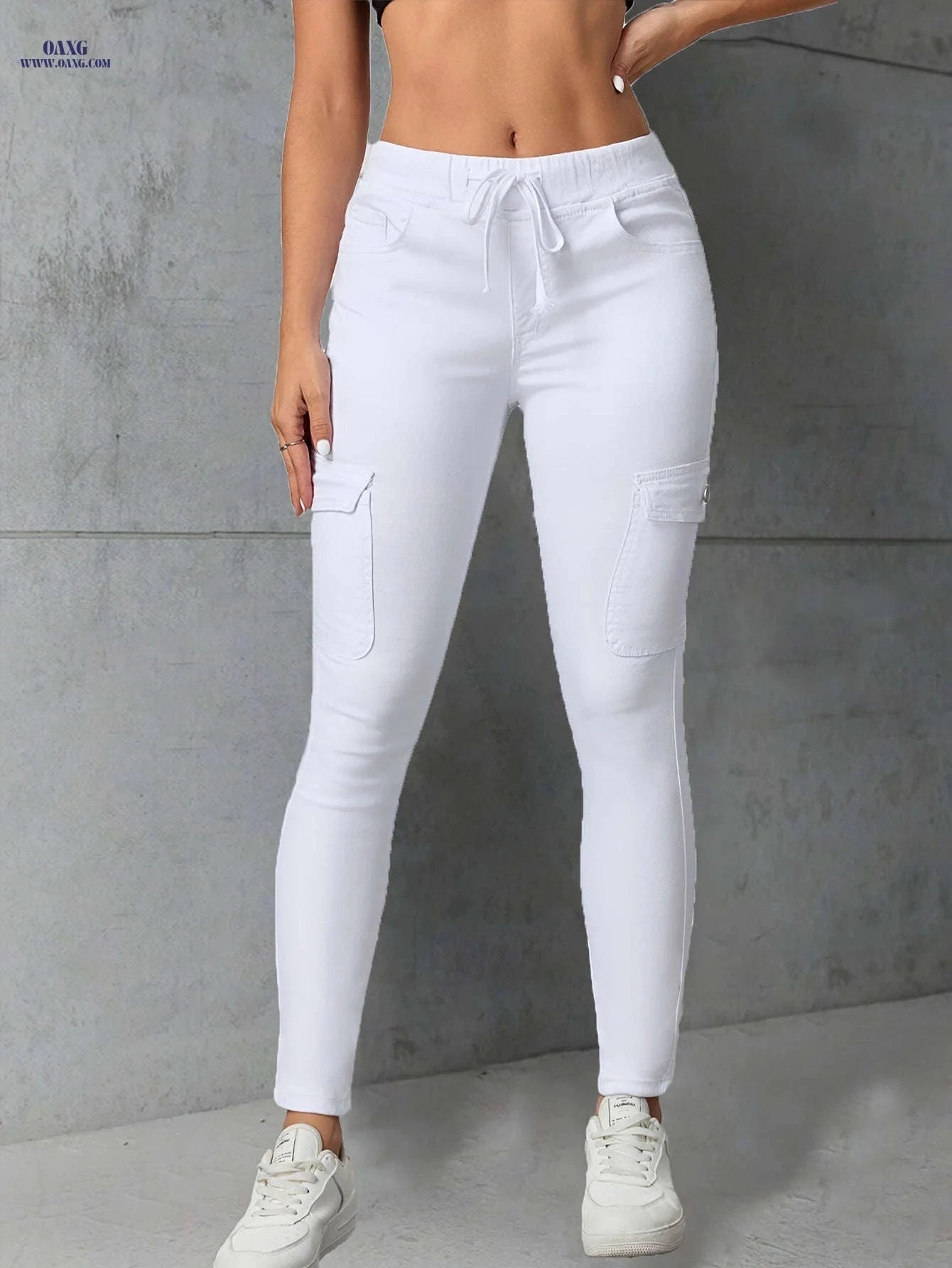 Women's Plain White Drawstring Skinny Jeans - Side Flap Pockets   OAXG White / XS