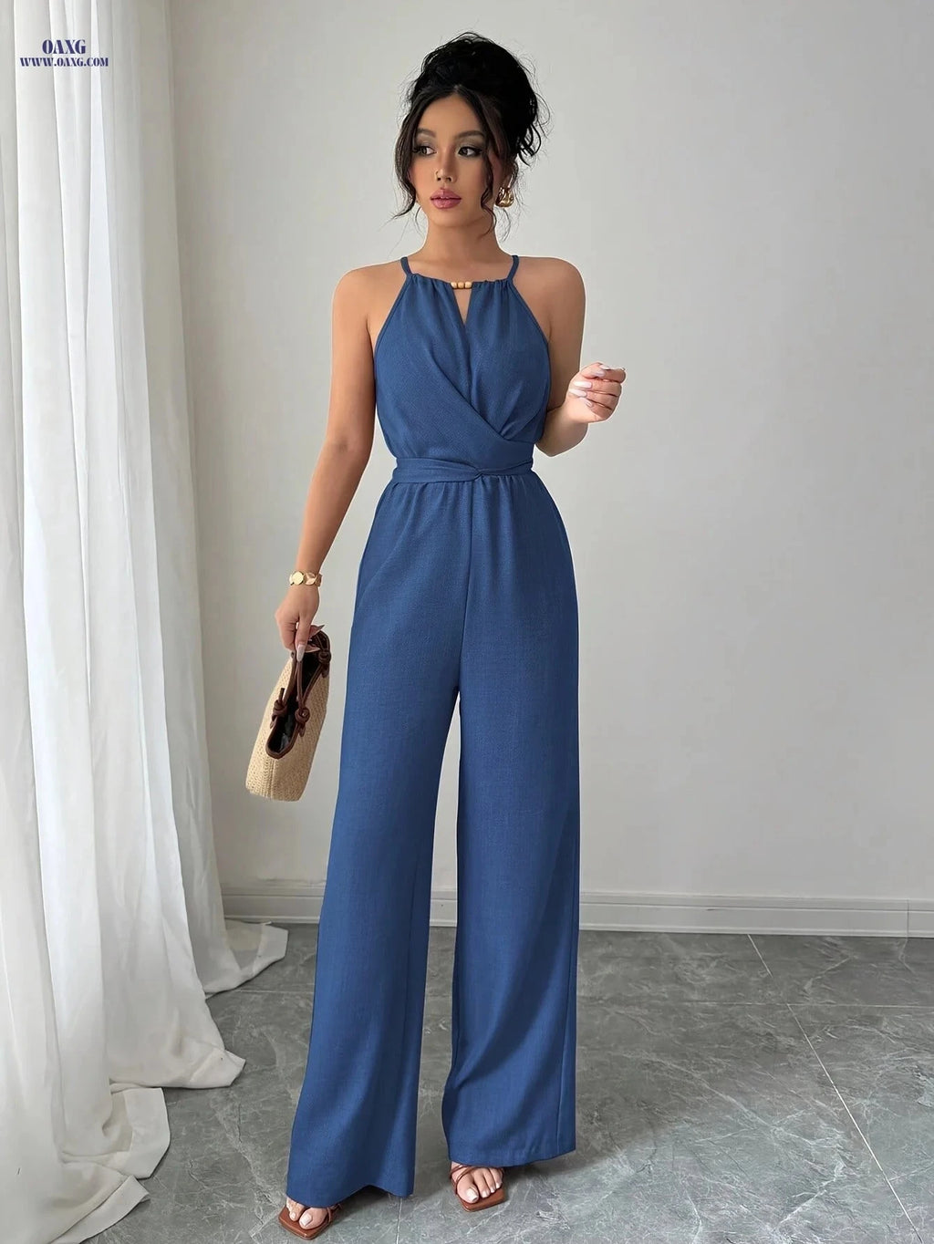Women's Pleated Jumpsuit - Elegant Twisted Knot Design for Spring   OAXG 