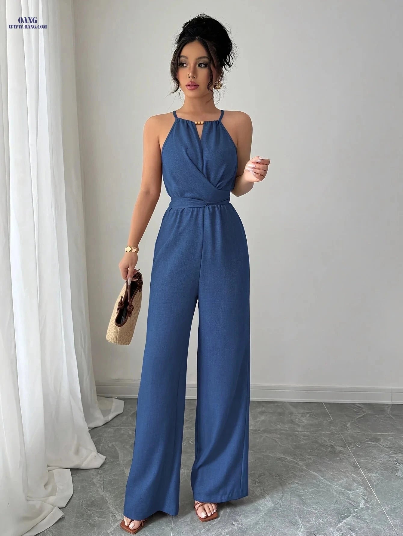 Women's Pleated Jumpsuit - Elegant Twisted Knot Design for Spring   OAXG 
