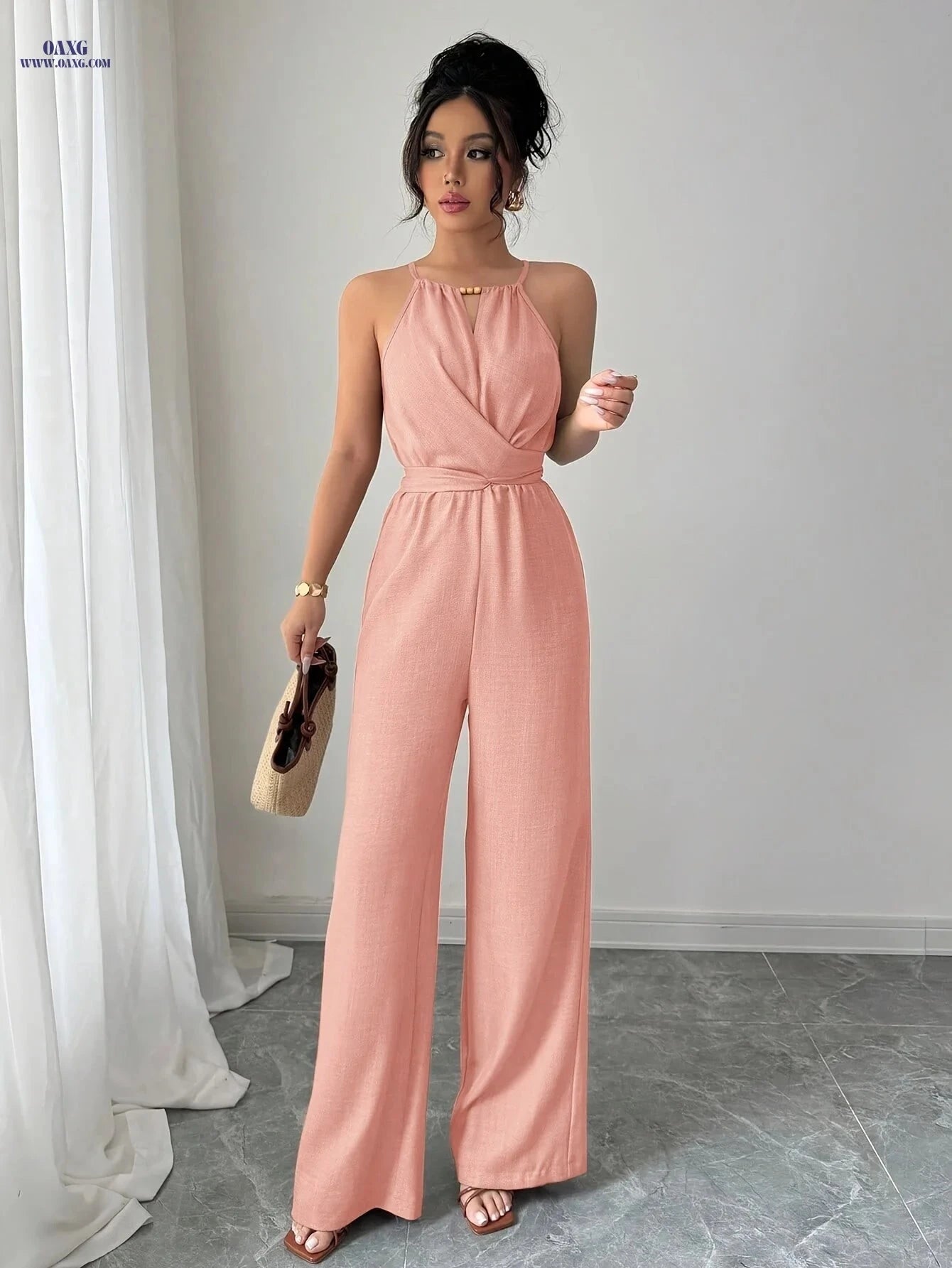 Women's Pleated Jumpsuit - Elegant Twisted Knot Design for Spring   OAXG 