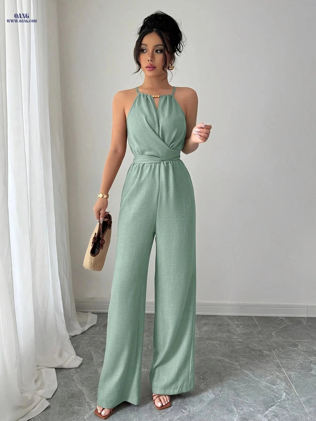 Women's Pleated Jumpsuit - Elegant Twisted Knot Design for Spring   OAXG 