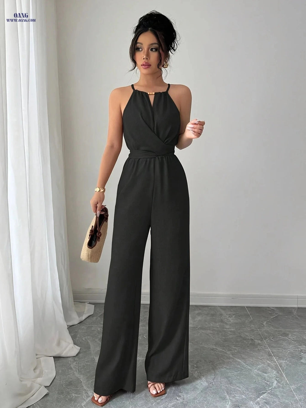 Women's Pleated Jumpsuit - Elegant Twisted Knot Design for Spring   OAXG Black / XS