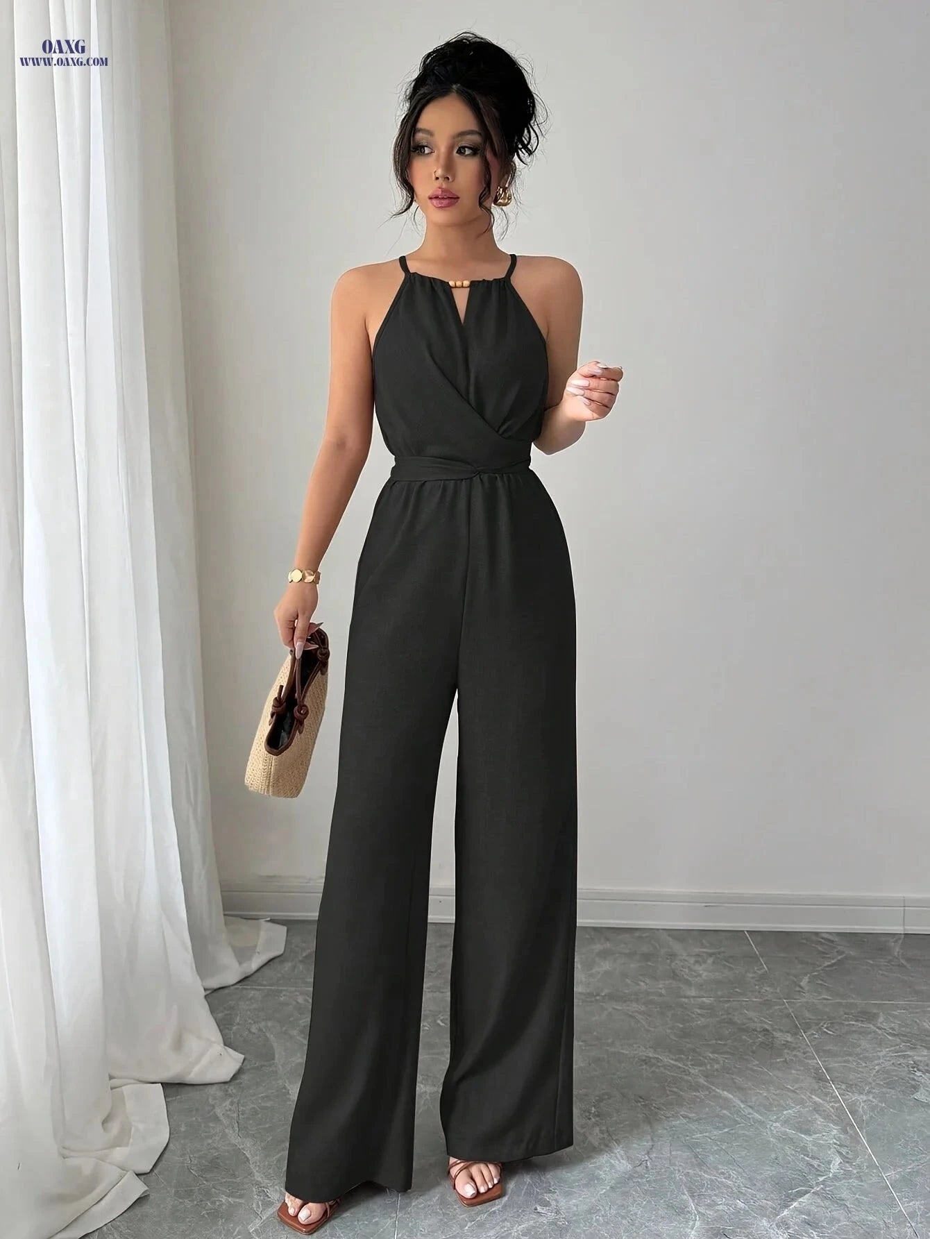 Women's Pleated Jumpsuit - Elegant Twisted Knot Design for Spring   OAXG Black / XS